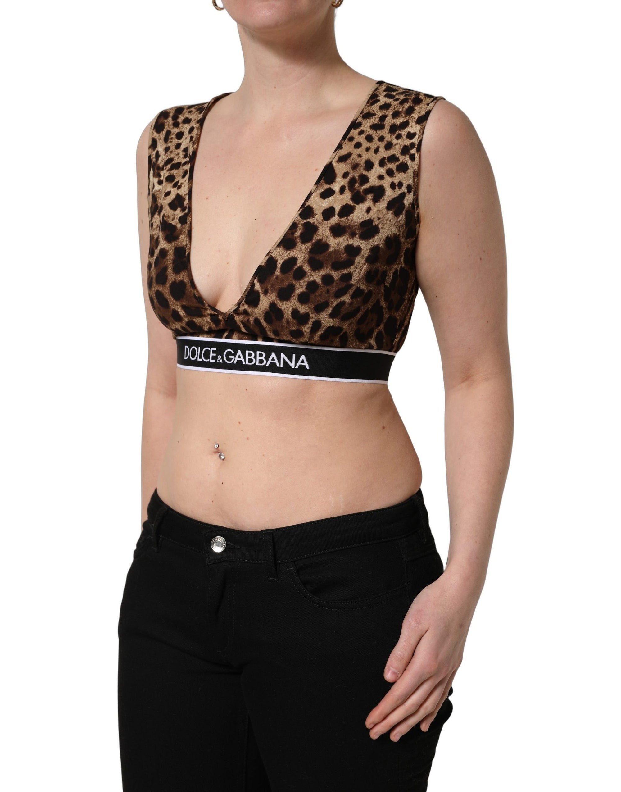 Dolce &amp; Gabbana Brown Leopard Print Cropped Silk Tank Top