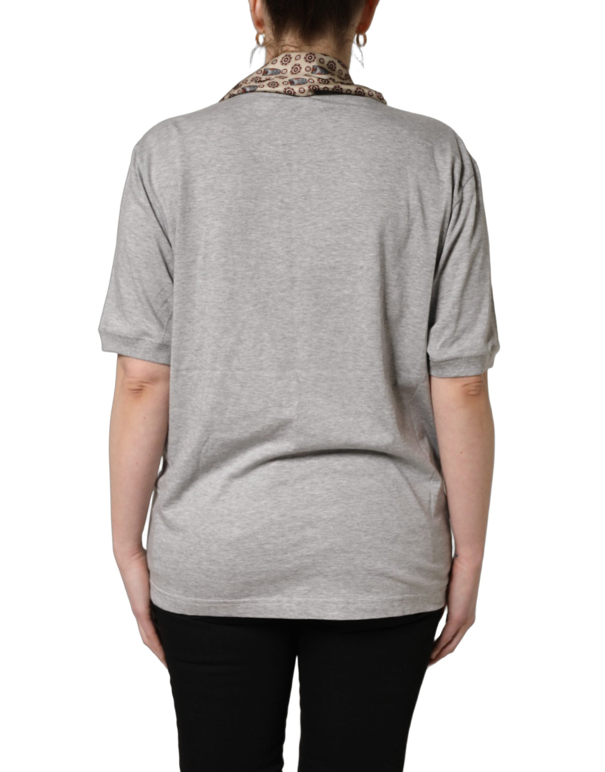 Dolce &amp; Gabbana Gray Cotton V-neck Owl Silk Scarf Top T-shirt