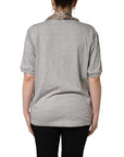 Dolce & Gabbana Gray Cotton V-neck Owl Silk Scarf Top T-shirt