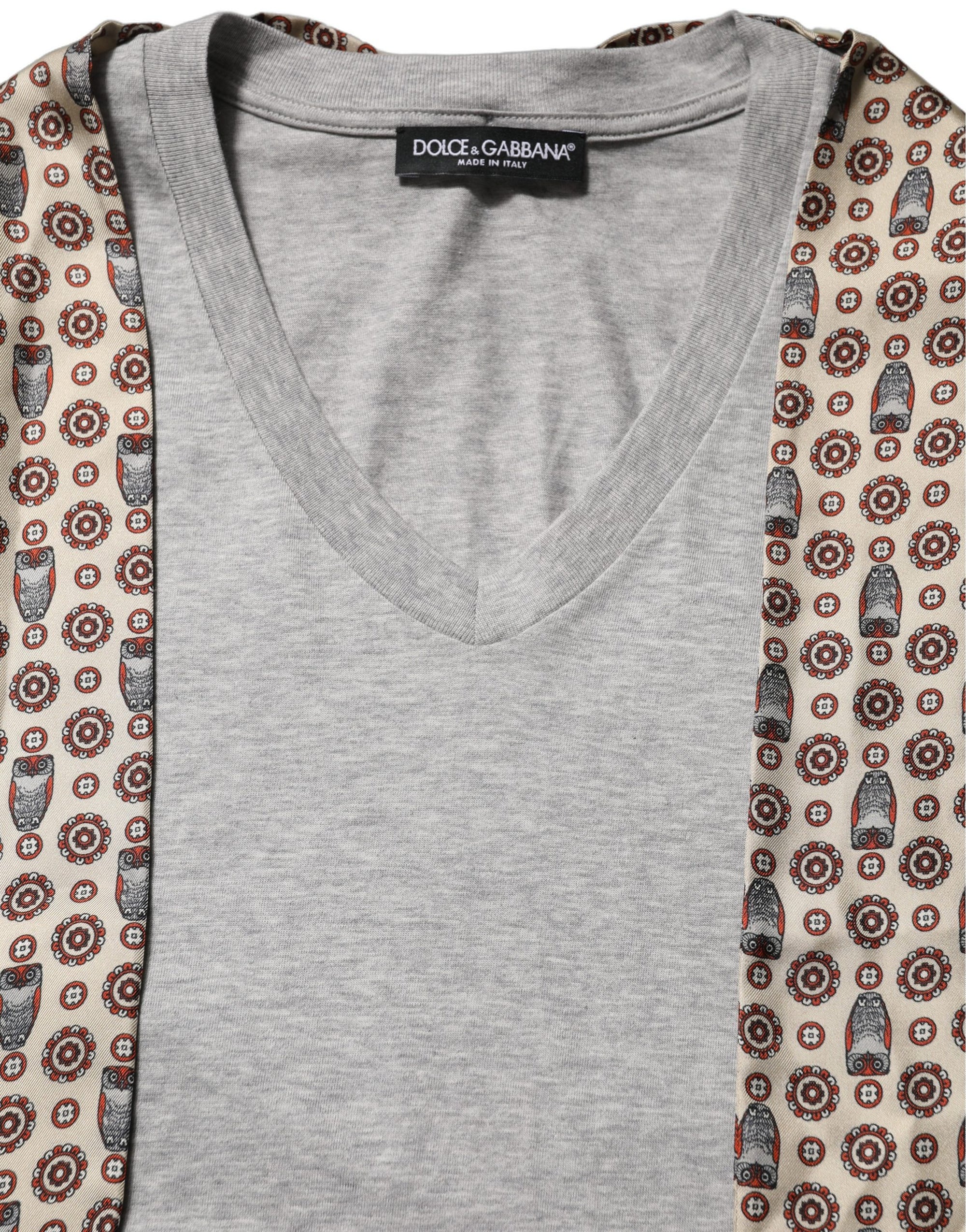 Dolce &amp; Gabbana Gray Cotton V-neck Owl Silk Scarf Top T-shirt