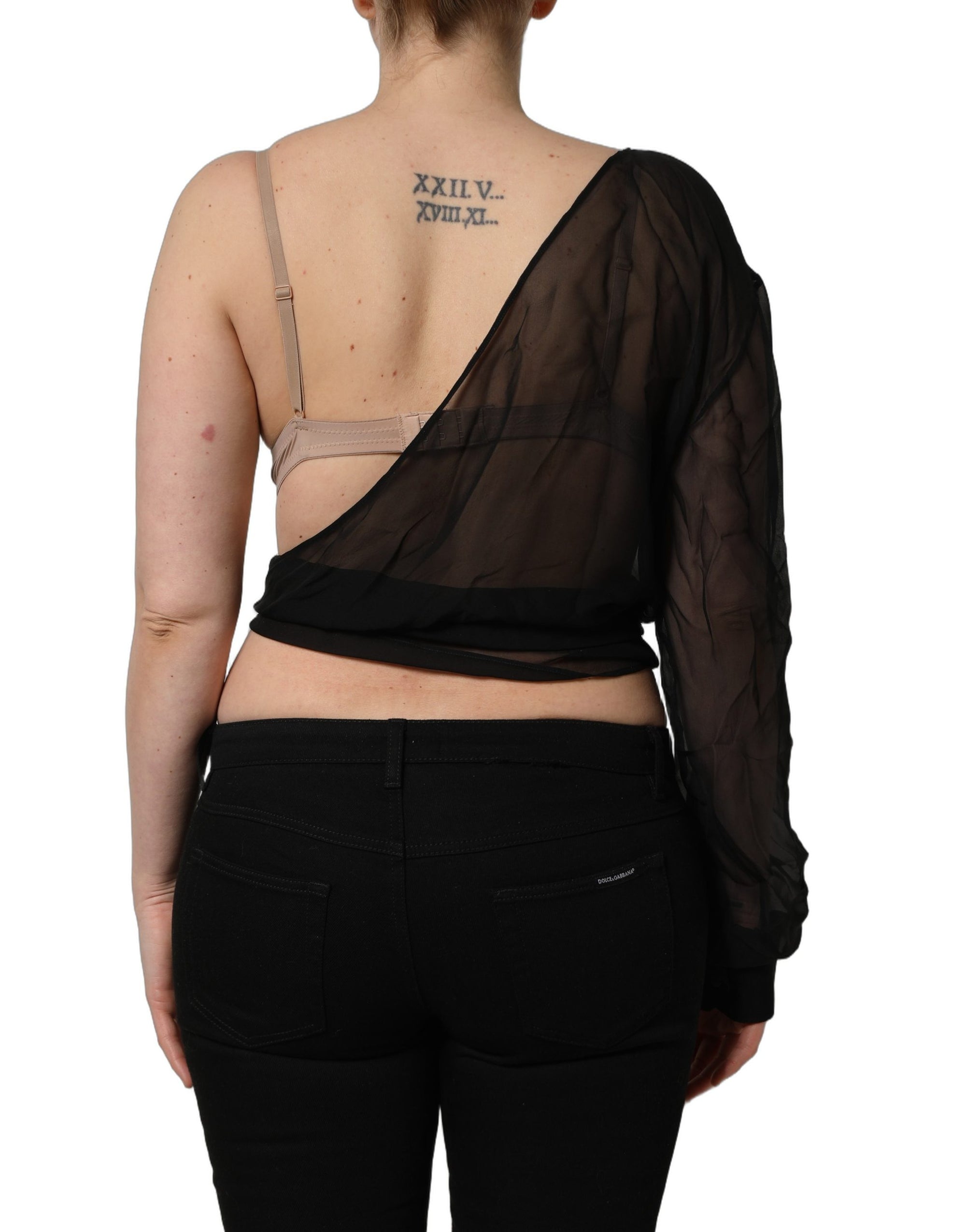 Dolce &amp; Gabbana Black Wrap Sheer Chiffon One Shoulder Top