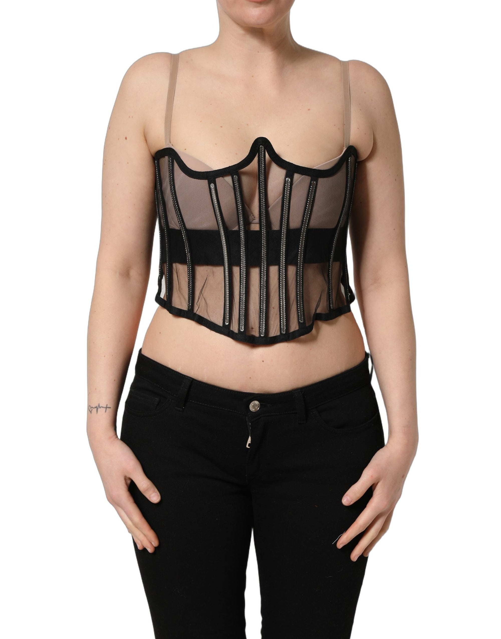 Dolce &amp; Gabbana Black Sheer Tulle Bodysuit Cropped Corset Top