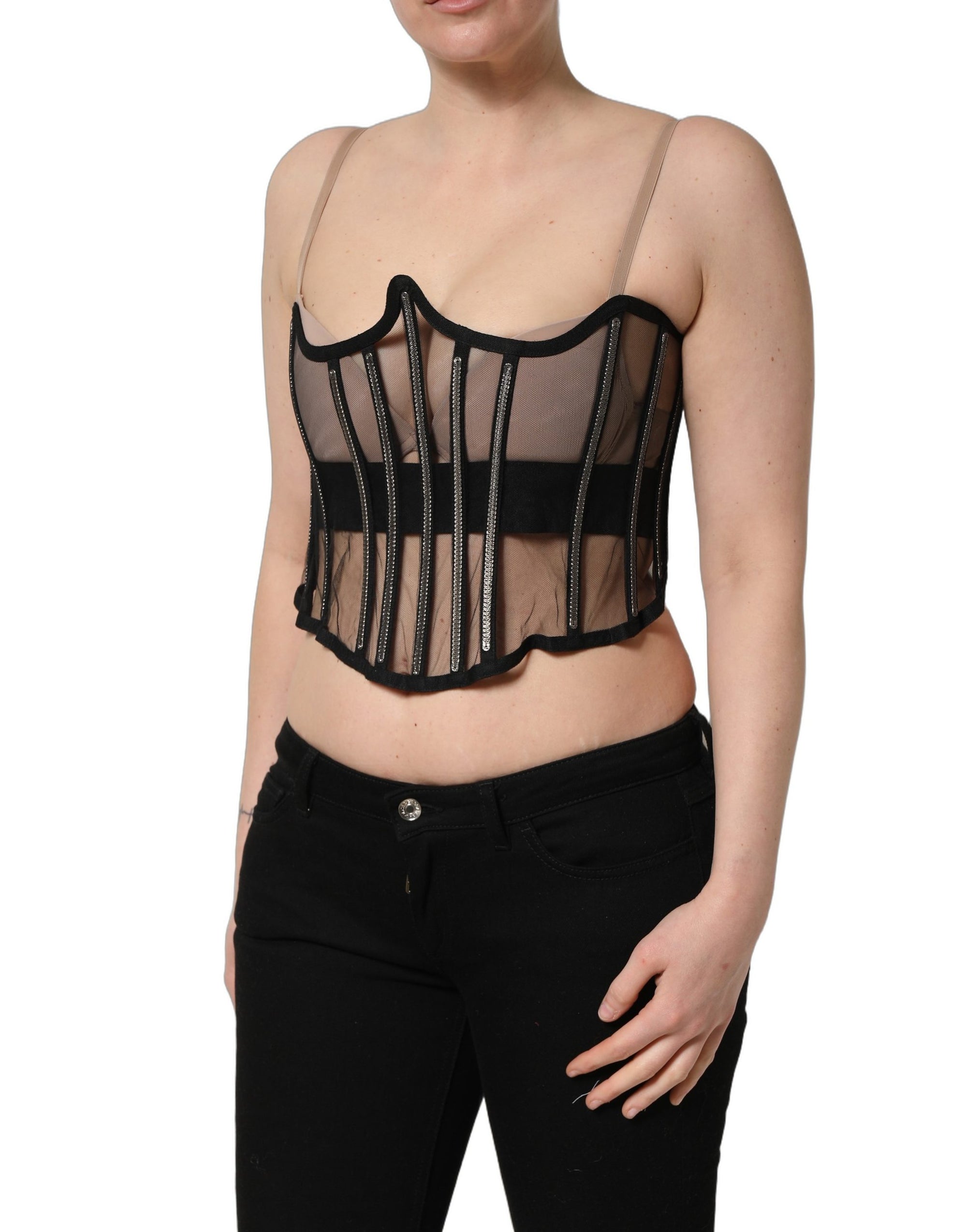 Dolce &amp; Gabbana Black Sheer Tulle Bodysuit Cropped Corset Top