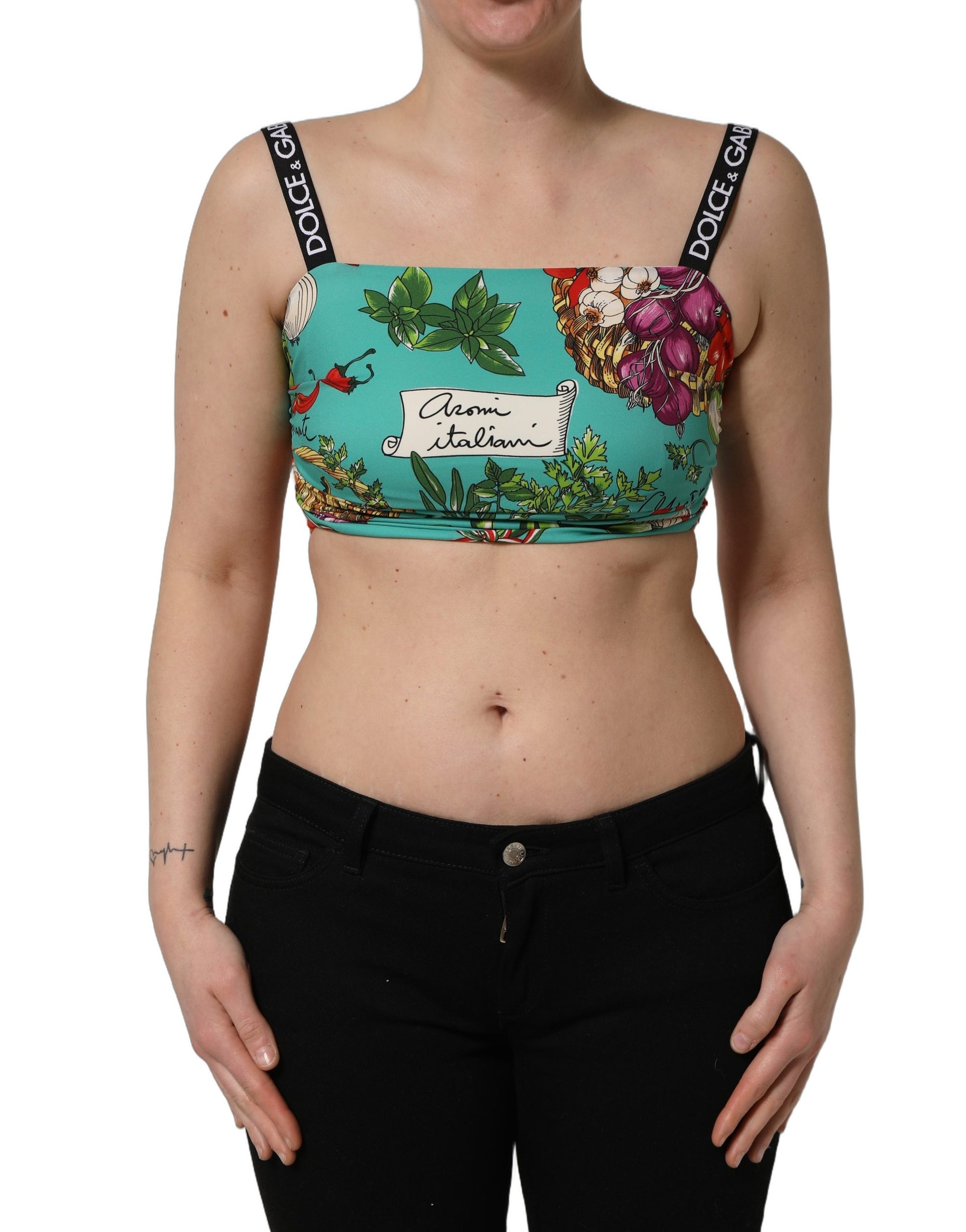Dolce &amp; Gabbana Turquoise Vegetable Print Silk Crop Tank Top