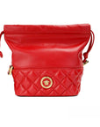 Versace Red Quilted Leather Drawstring Shoulder Bag Bucket Crossbody Handbag