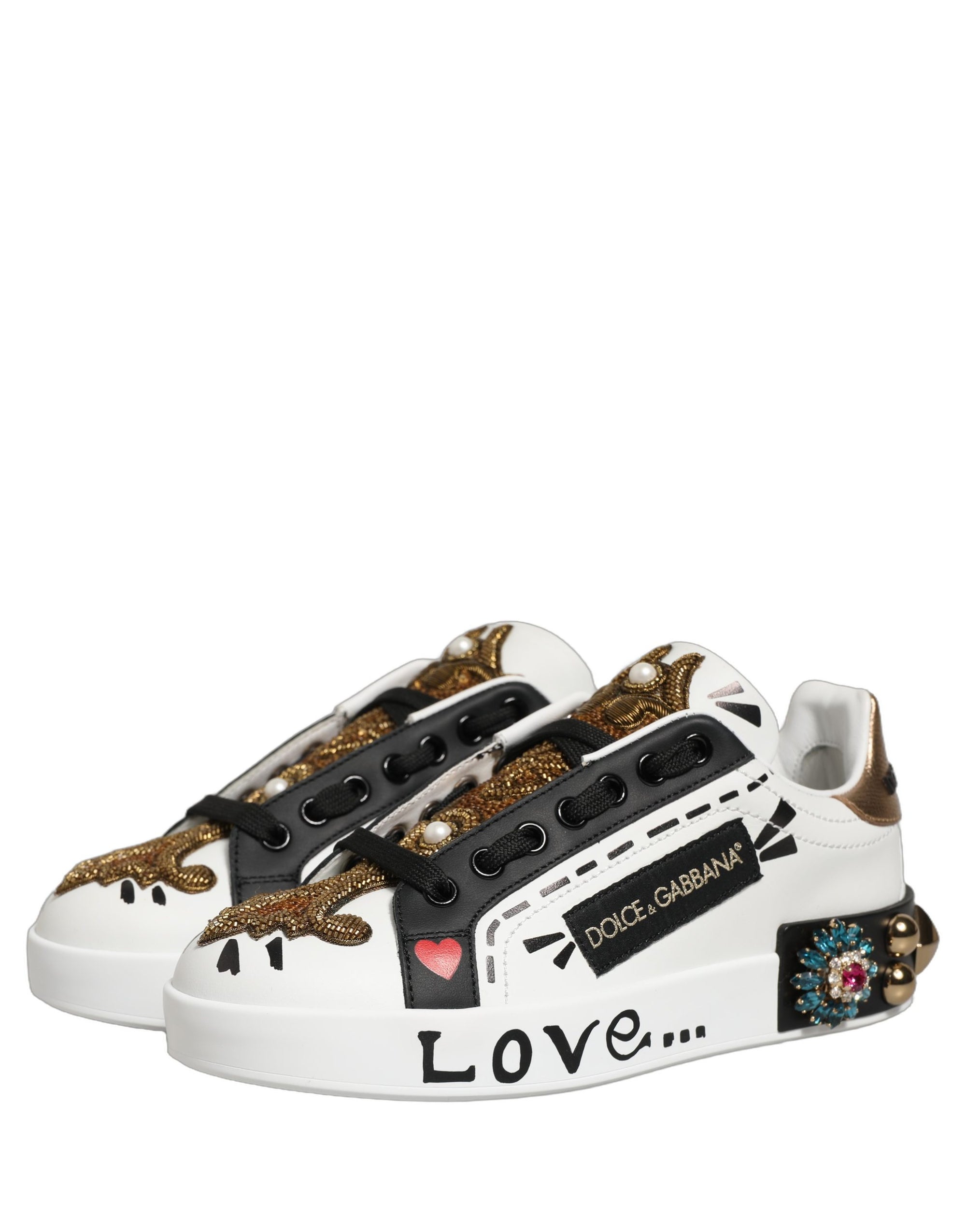 Dolce &amp; Gabbana White Gold Studded Portofino Sneakers Shoes