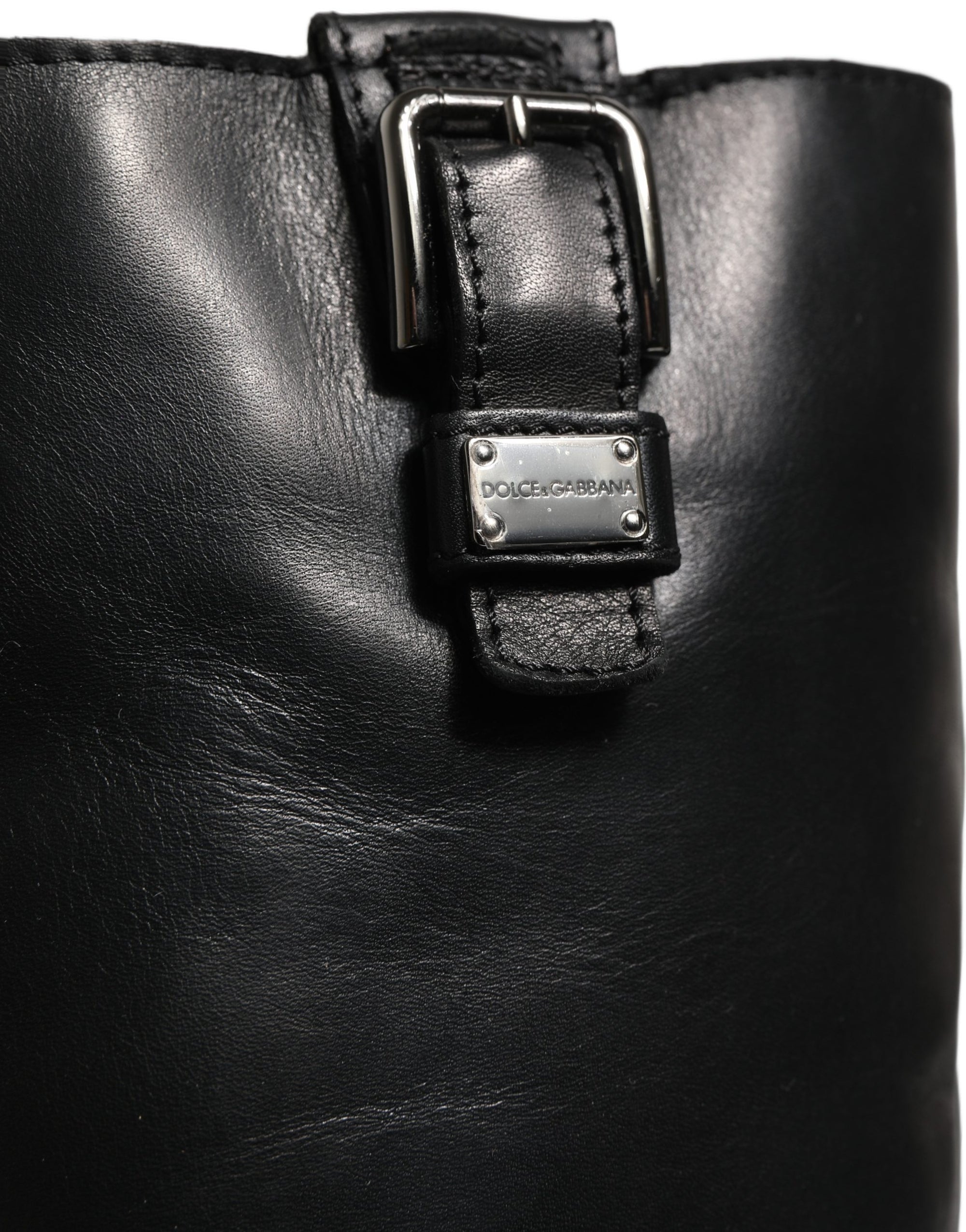 Dolce &amp; Gabbana Black Leather Buckle Detail Mid Calf Boots Shoes