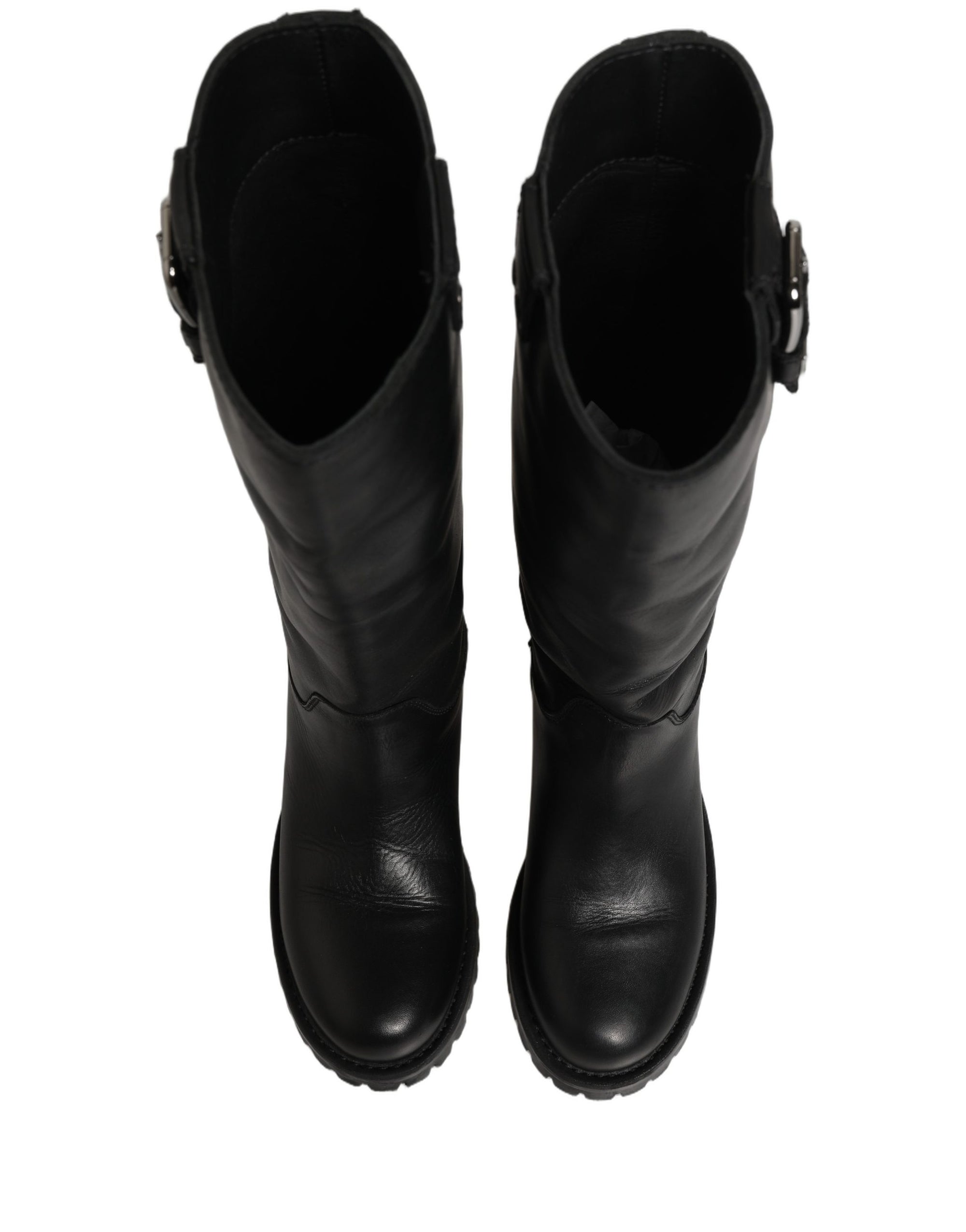 Dolce &amp; Gabbana Black Leather Buckle Detail Mid Calf Boots Shoes