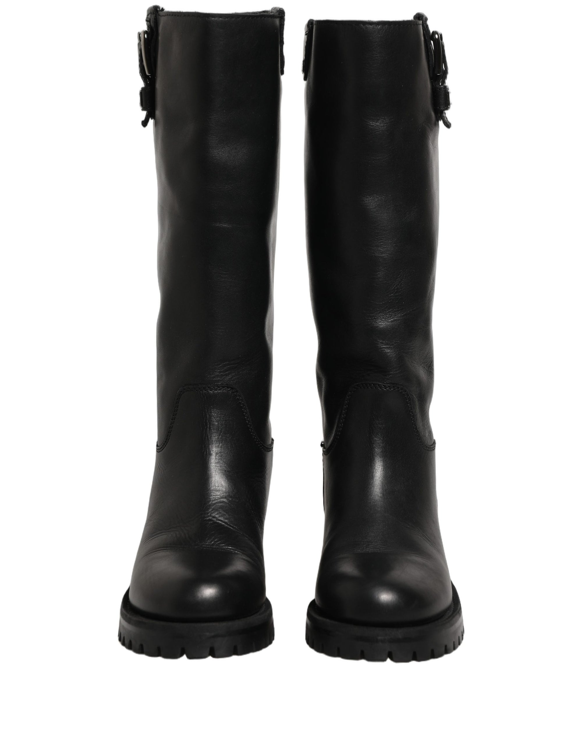 Dolce &amp; Gabbana Black Leather Buckle Detail Mid Calf Boots Shoes