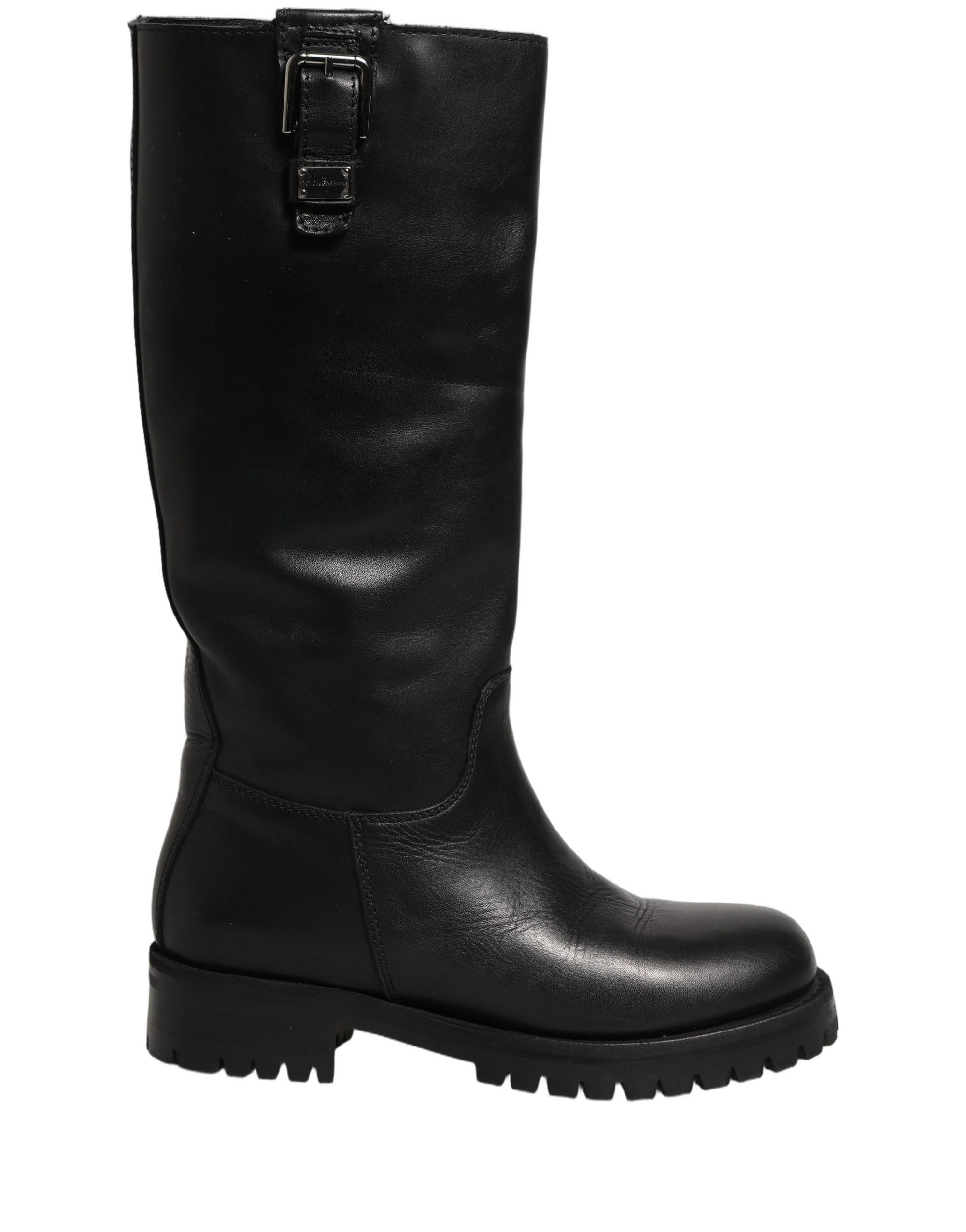 Dolce &amp; Gabbana Black Leather Buckle Detail Mid Calf Boots Shoes