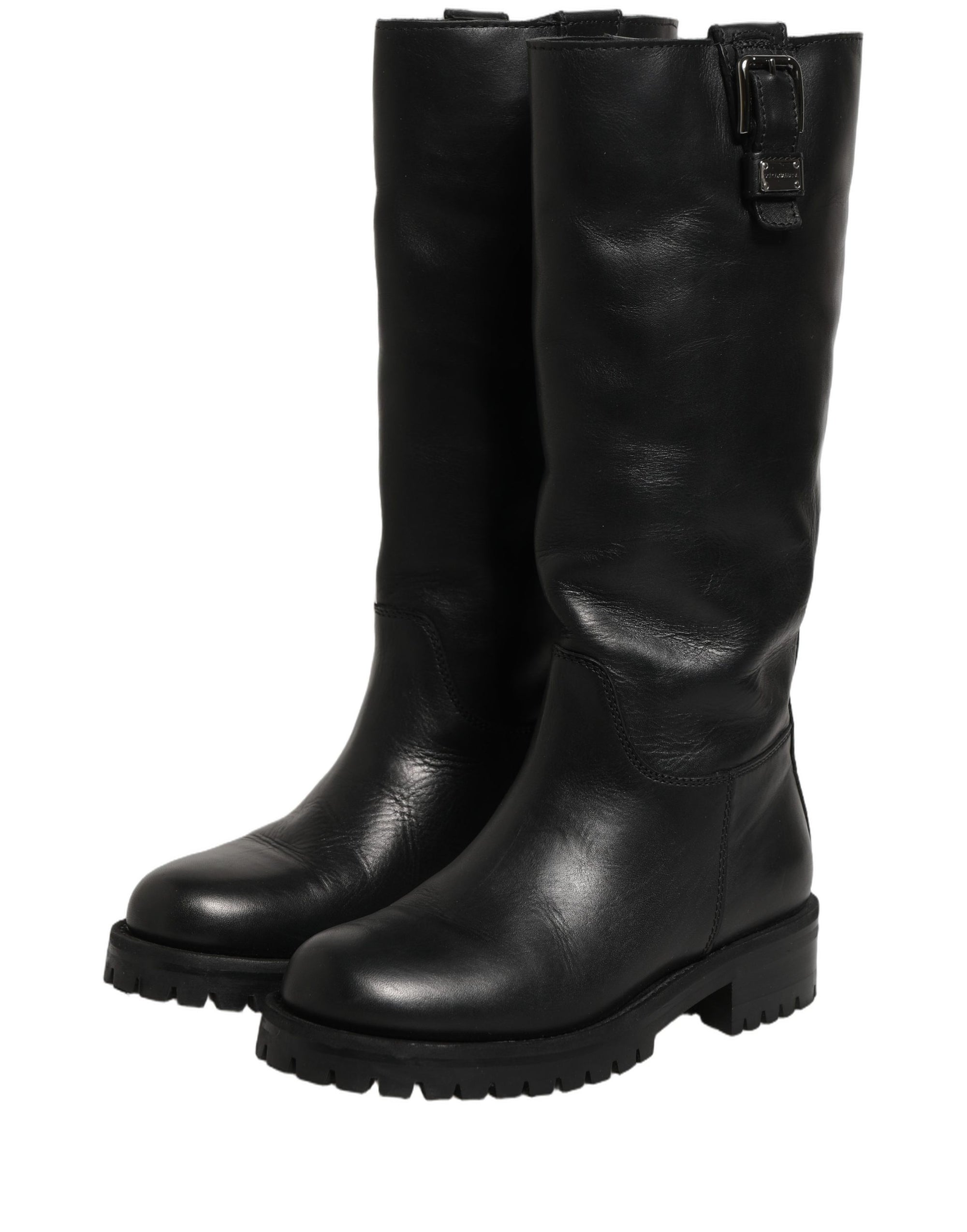 Dolce &amp; Gabbana Black Leather Buckle Detail Mid Calf Boots Shoes