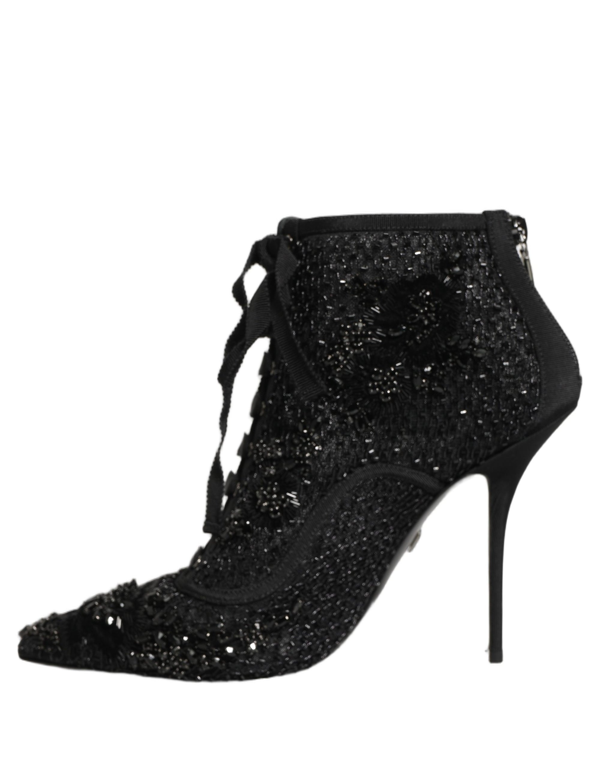 Dolce &amp; Gabbana Black Embellished Mesh Ankle Boots Shoes