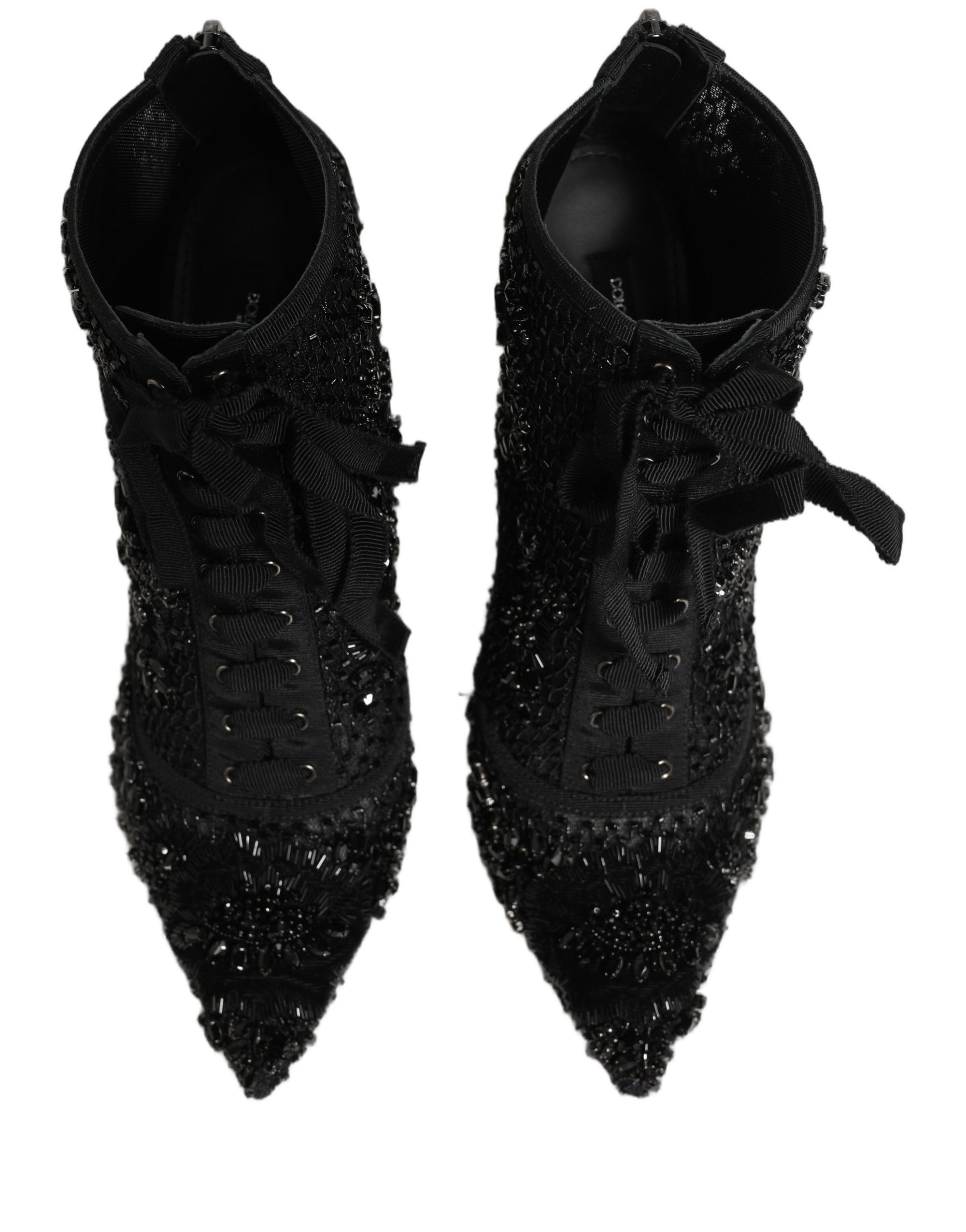 Dolce &amp; Gabbana Black Embellished Mesh Ankle Boots Shoes