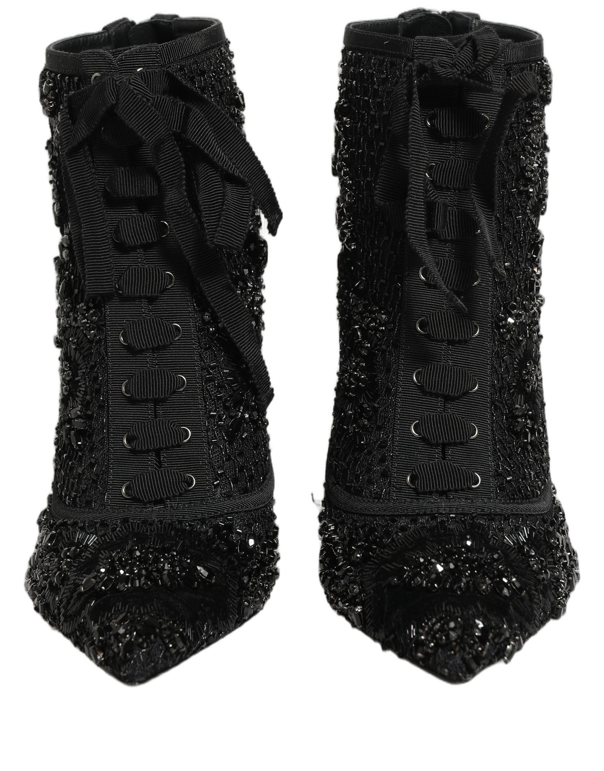 Dolce &amp; Gabbana Black Embellished Mesh Ankle Boots Shoes