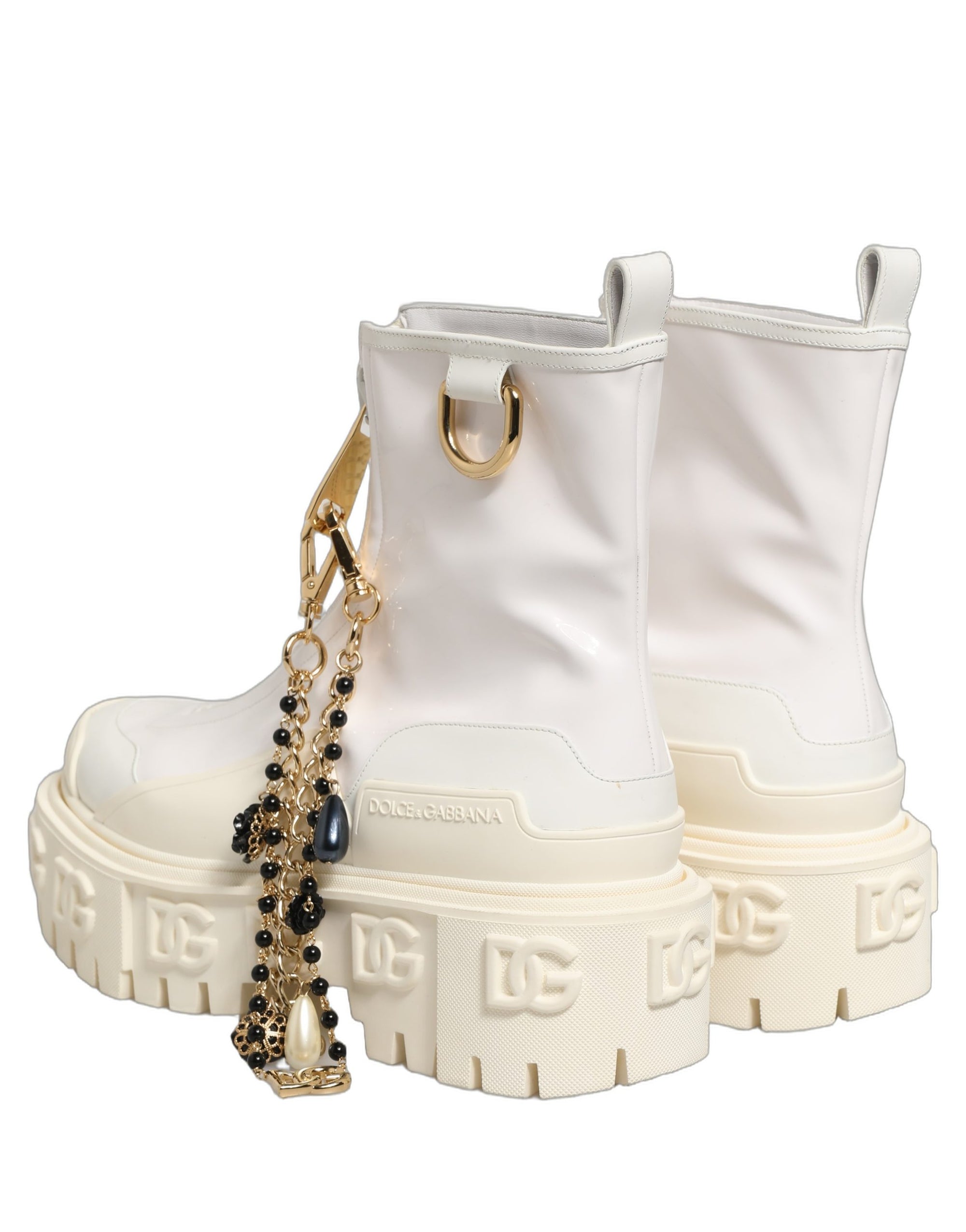 Dolce &amp; Gabbana White Leather Rubber Logo Ankle Boots Shoes