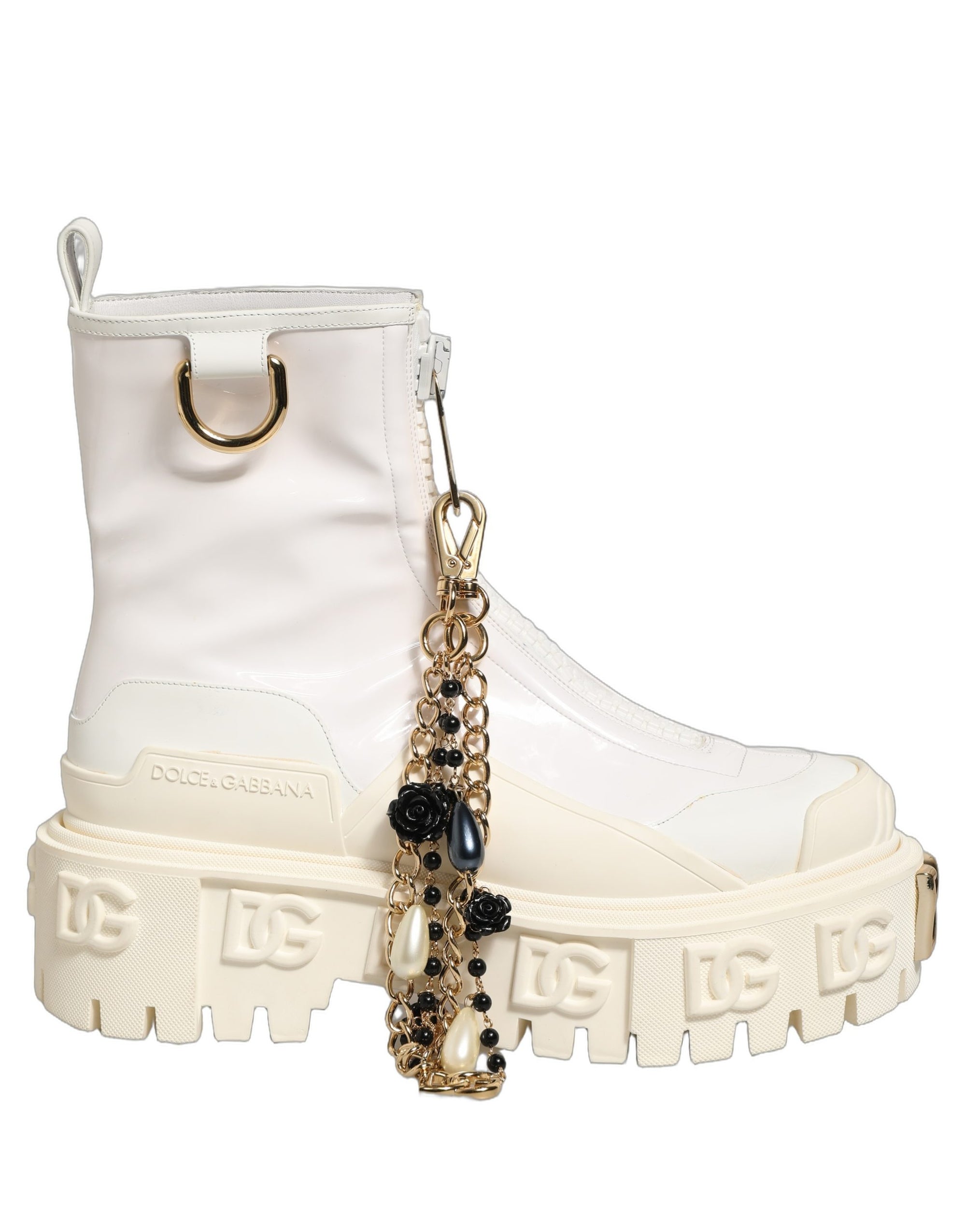 Dolce &amp; Gabbana White Leather Rubber Logo Ankle Boots Shoes