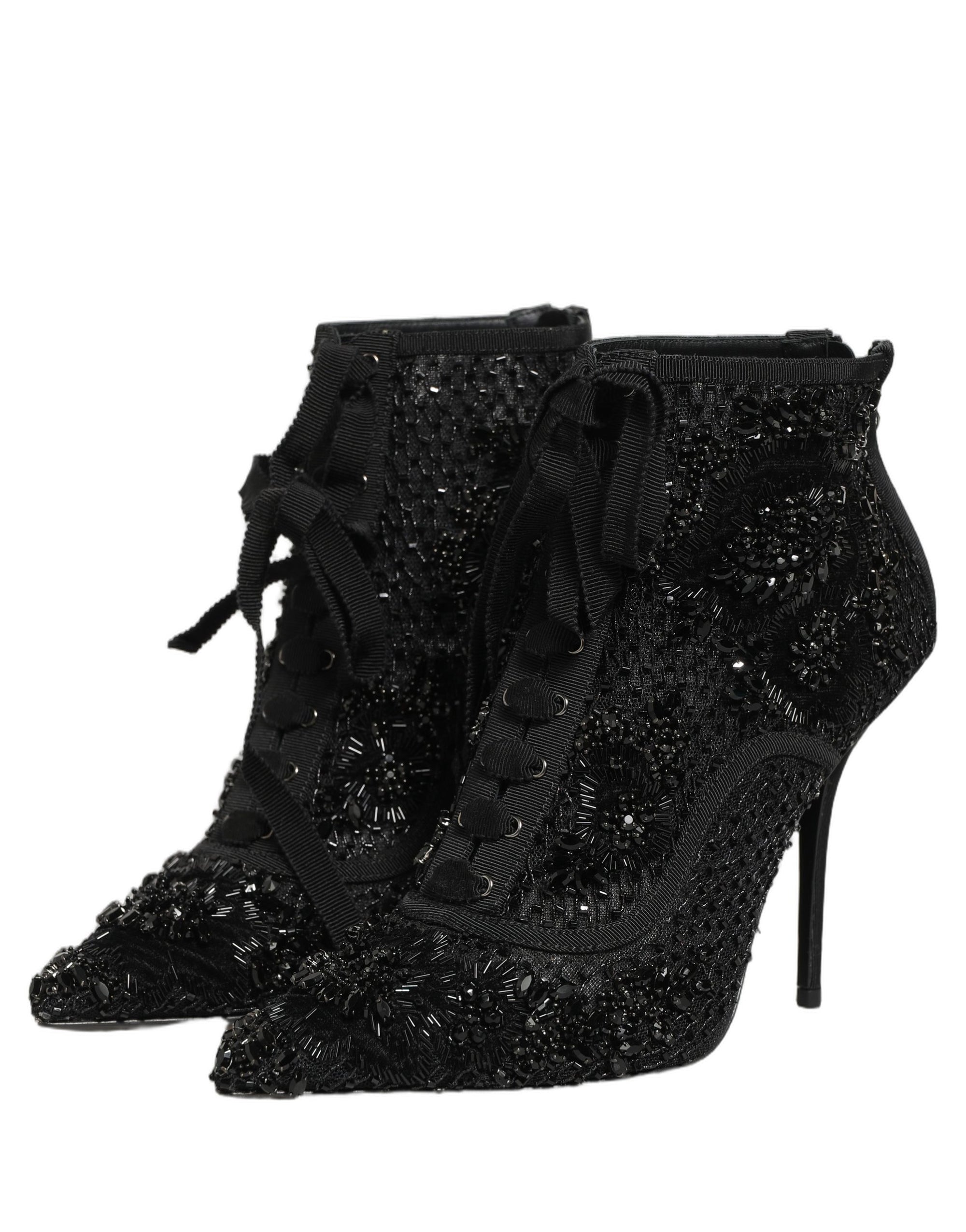 Dolce &amp; Gabbana Black Embellished Mesh Ankle Boots Shoes