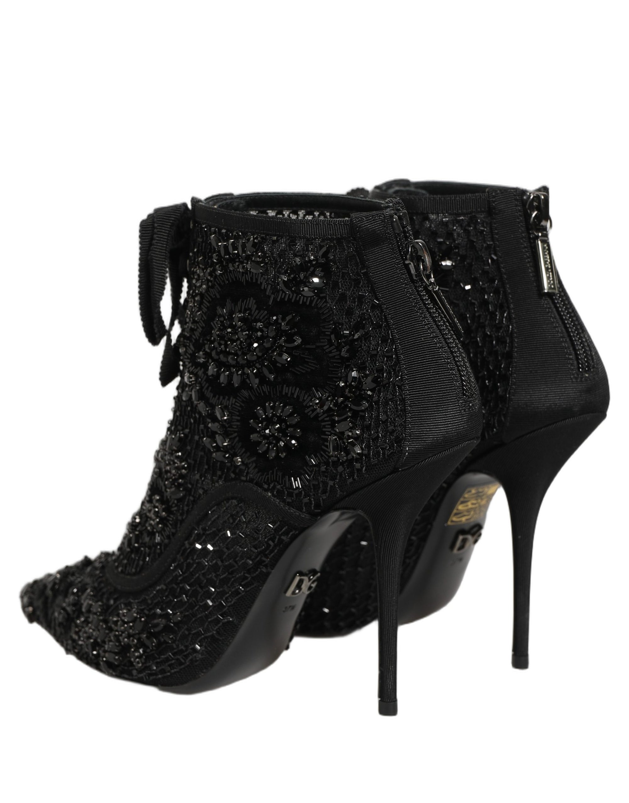 Dolce &amp; Gabbana Black Embellished Mesh Ankle Boots Shoes