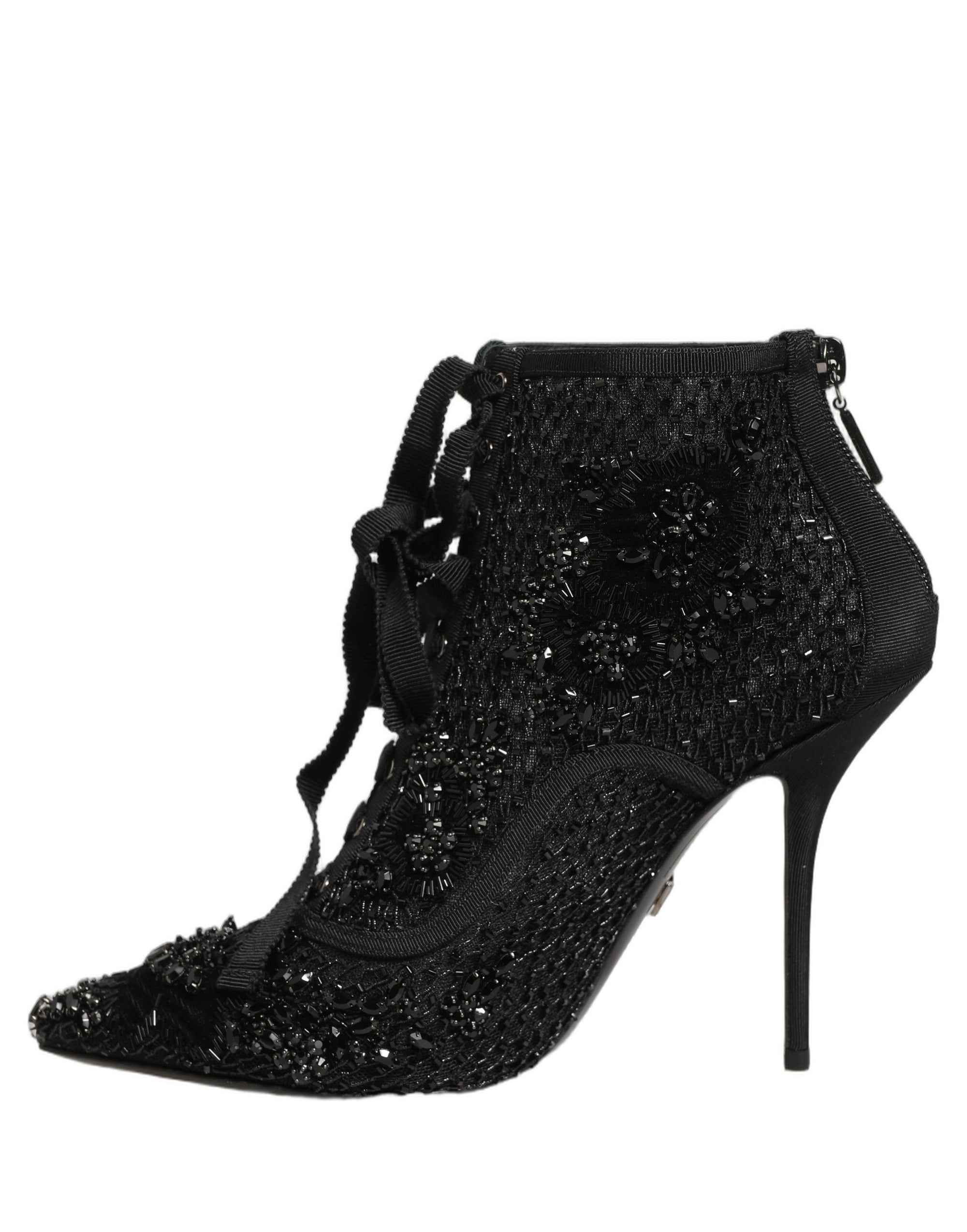 Dolce &amp; Gabbana Black Embellished Mesh Ankle Boots Shoes