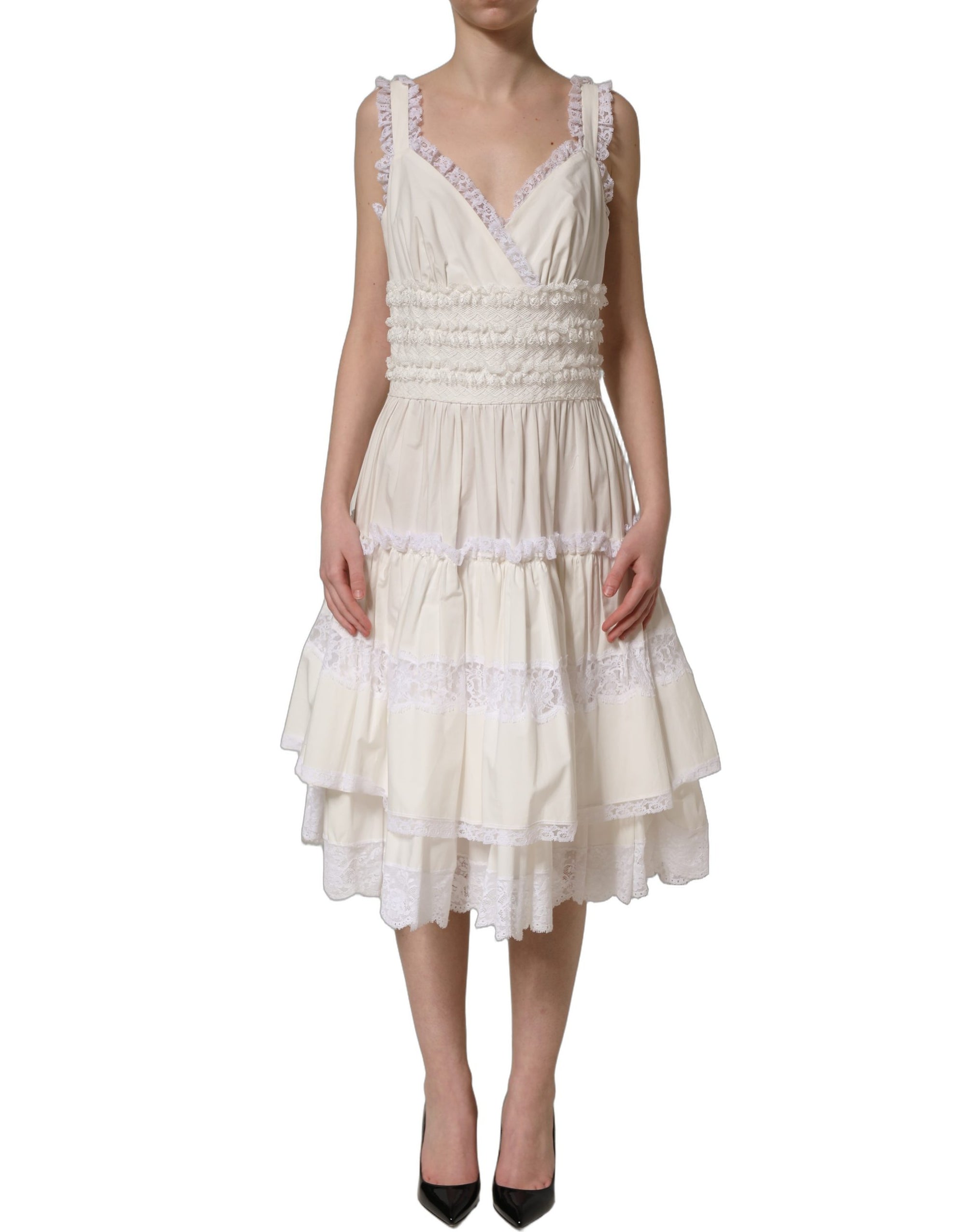 Dolce &amp; Gabbana White Cotton Poplin Ruffled Midi Dress
