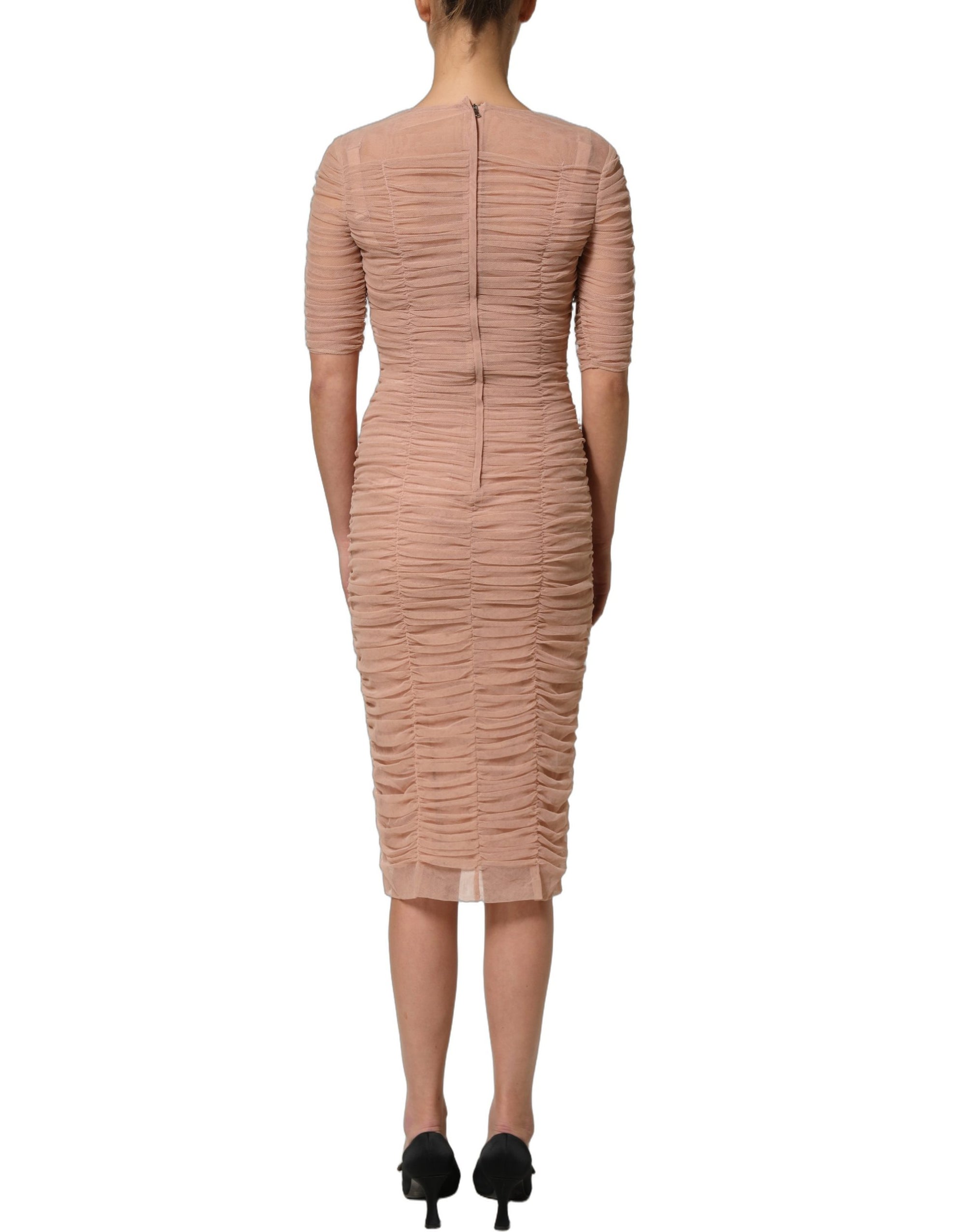 Dolce &amp; Gabbana Beige Cotton Mesh Ruched Sheath Midi Dress