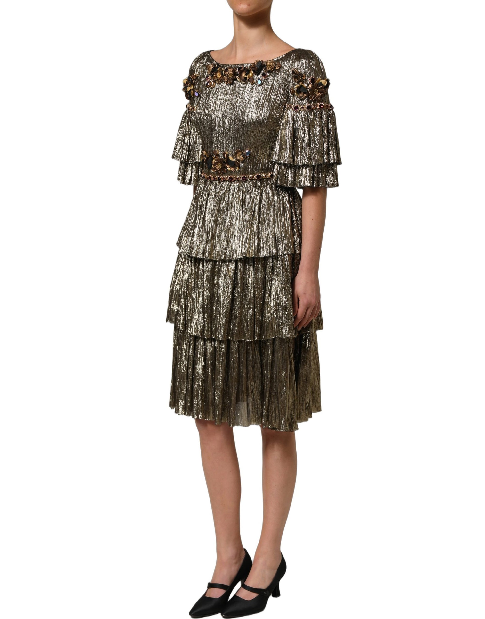 Dolce &amp; Gabbana Metallic Gold Embellished Tiered Midi Dress
