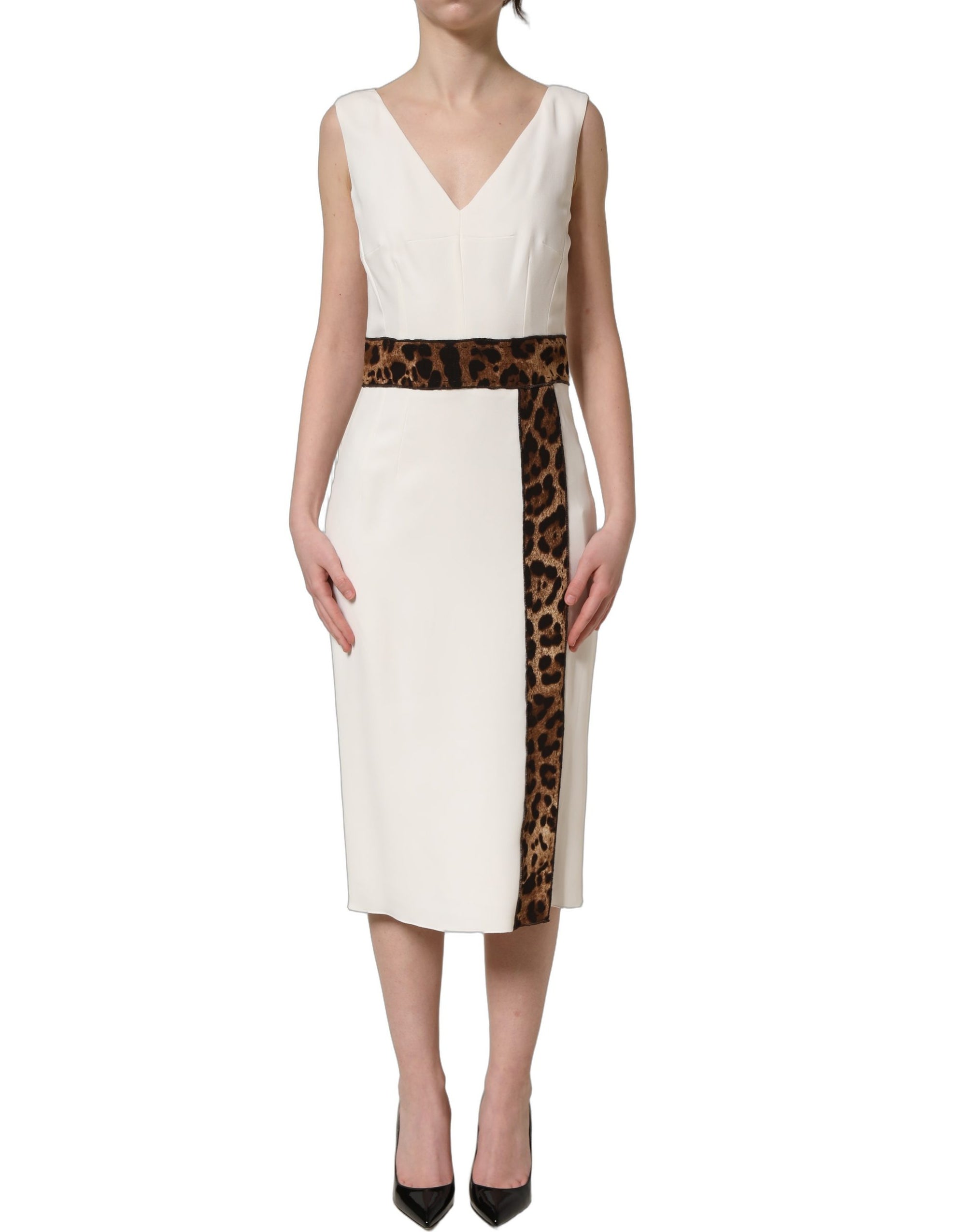 Dolce &amp; Gabbana White Leopard Sleeveless Sheath Midi Dress