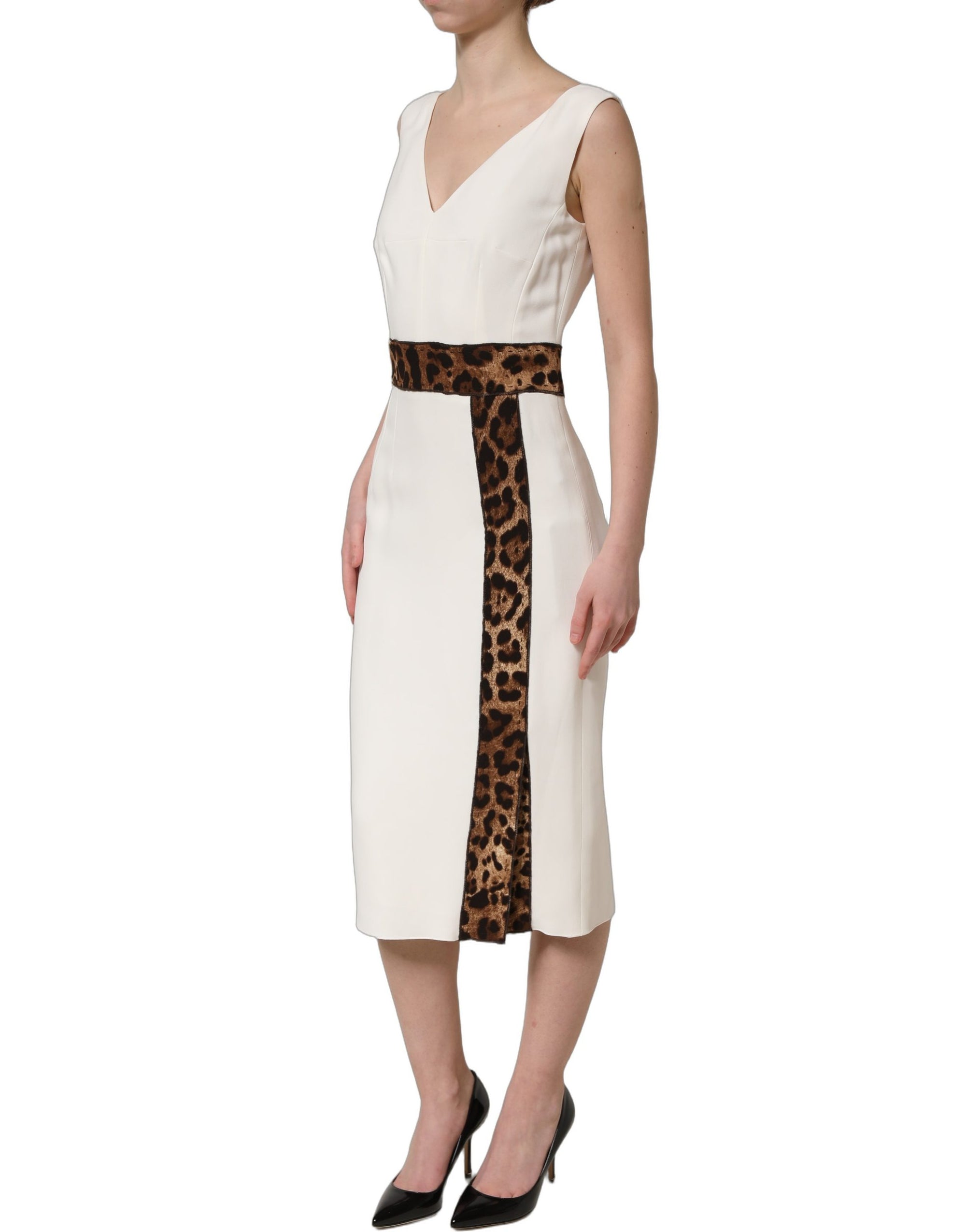 Dolce &amp; Gabbana White Leopard Sleeveless Sheath Midi Dress