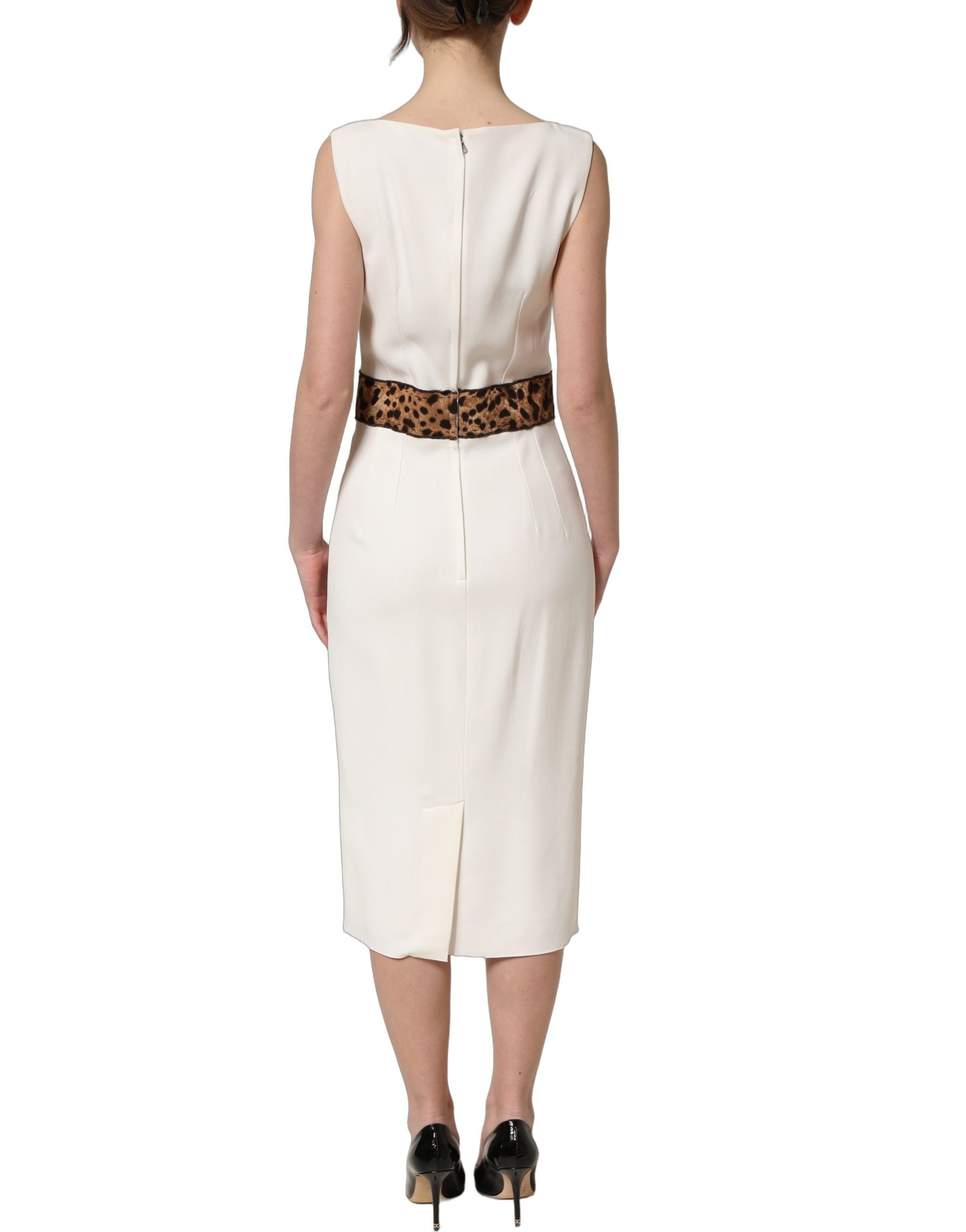 Dolce &amp; Gabbana White Leopard Sleeveless Sheath Midi Dress