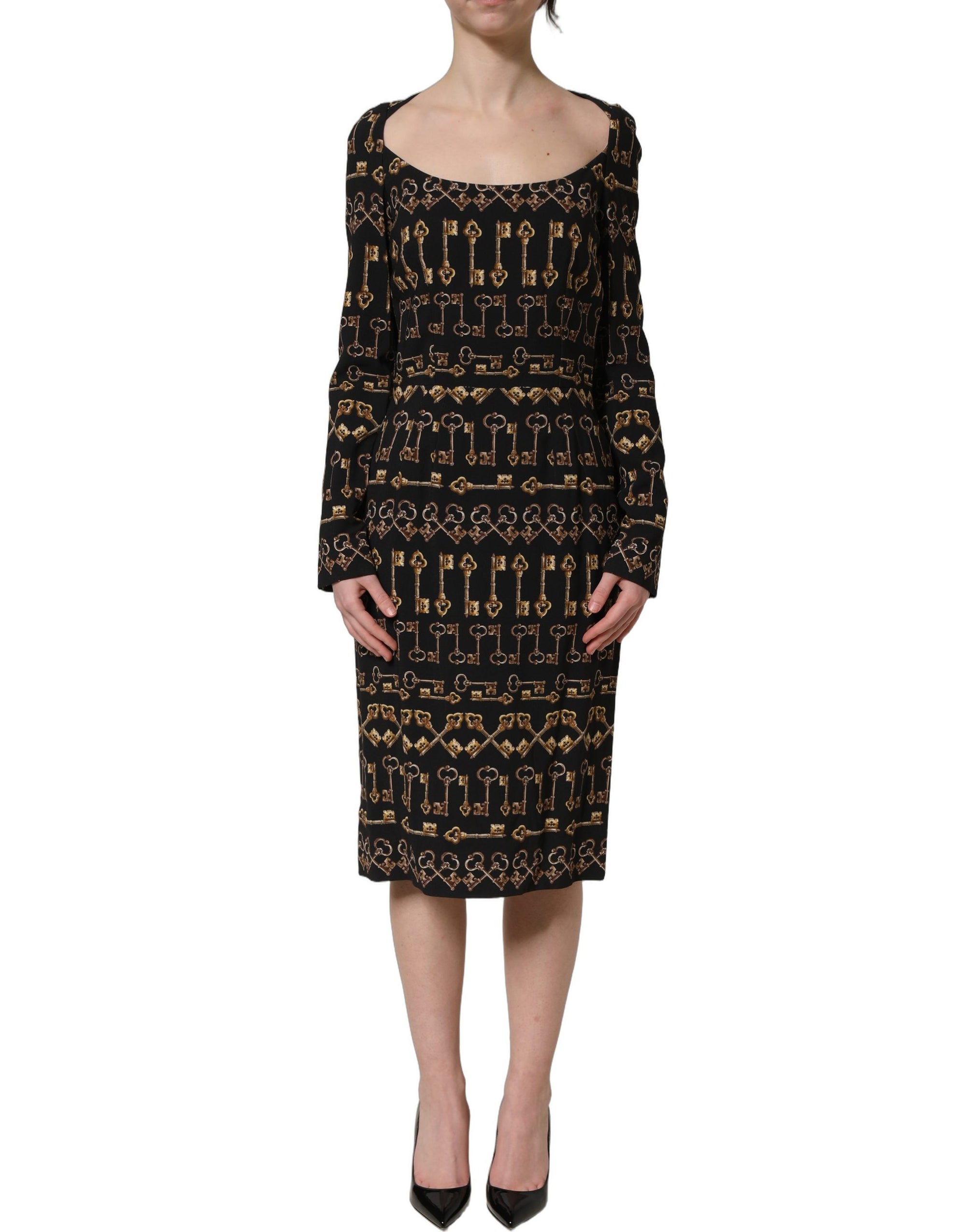 Dolce &amp; Gabbana Black Key Print Long Sleeves Sheath Midi Dress
