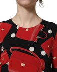 Dolce & Gabbana Black Handbag Print Long Sleeve Midi Dress