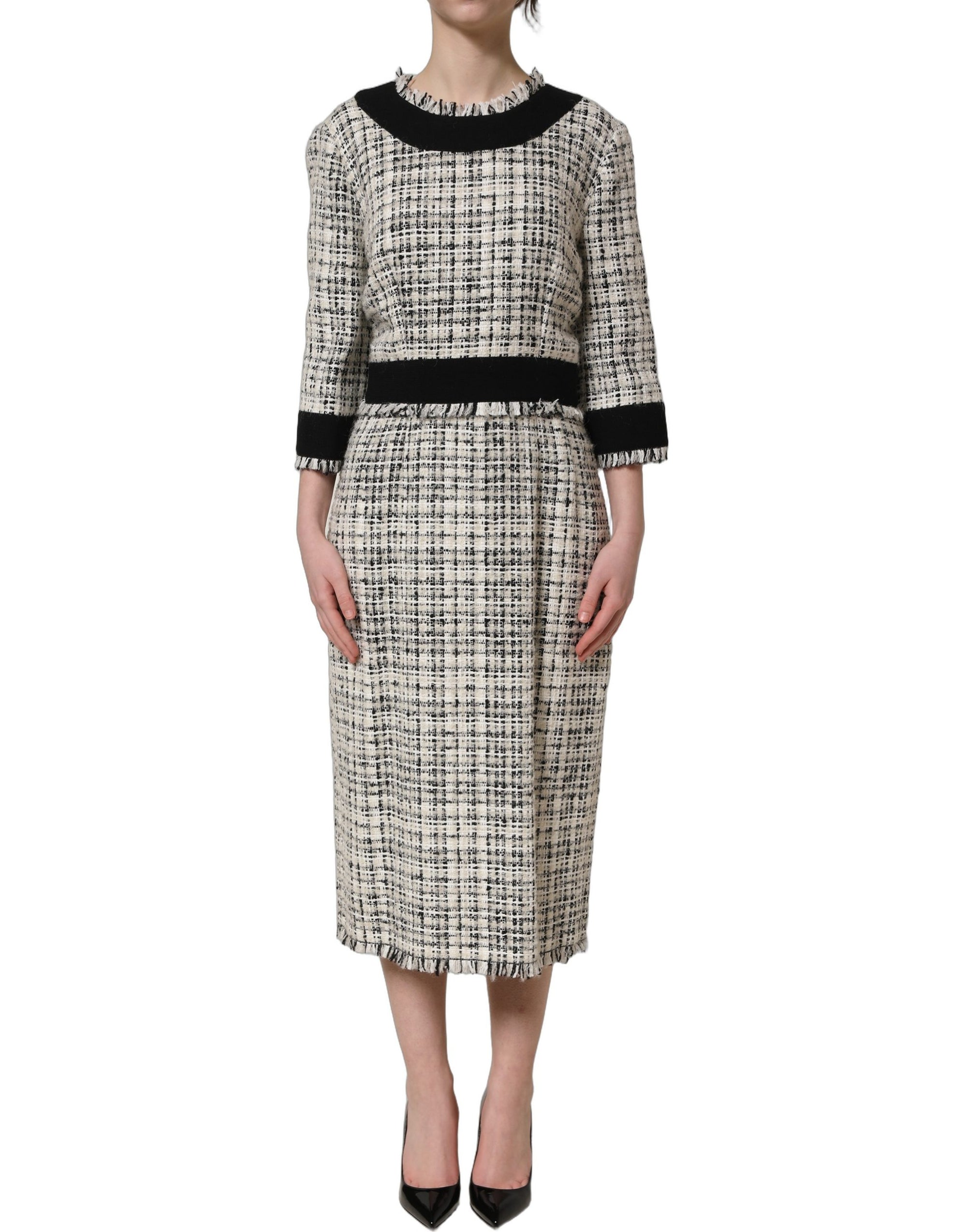 Dolce &amp; Gabbana Multicolor Bouclé Tweed Frayed Trim Midi Dress