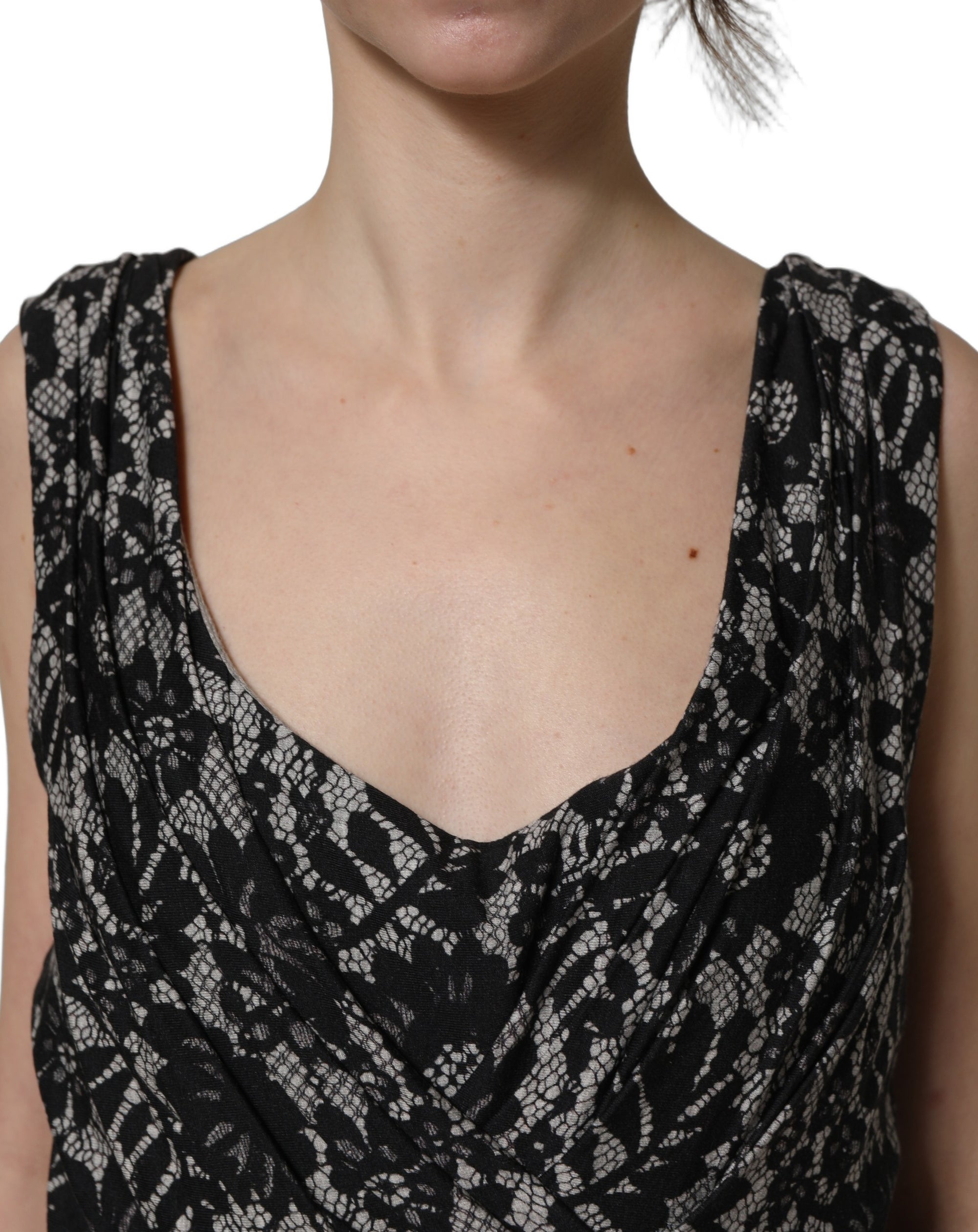 Dolce &amp; Gabbana Black White Floral Lace Sleeveless Midi Dress