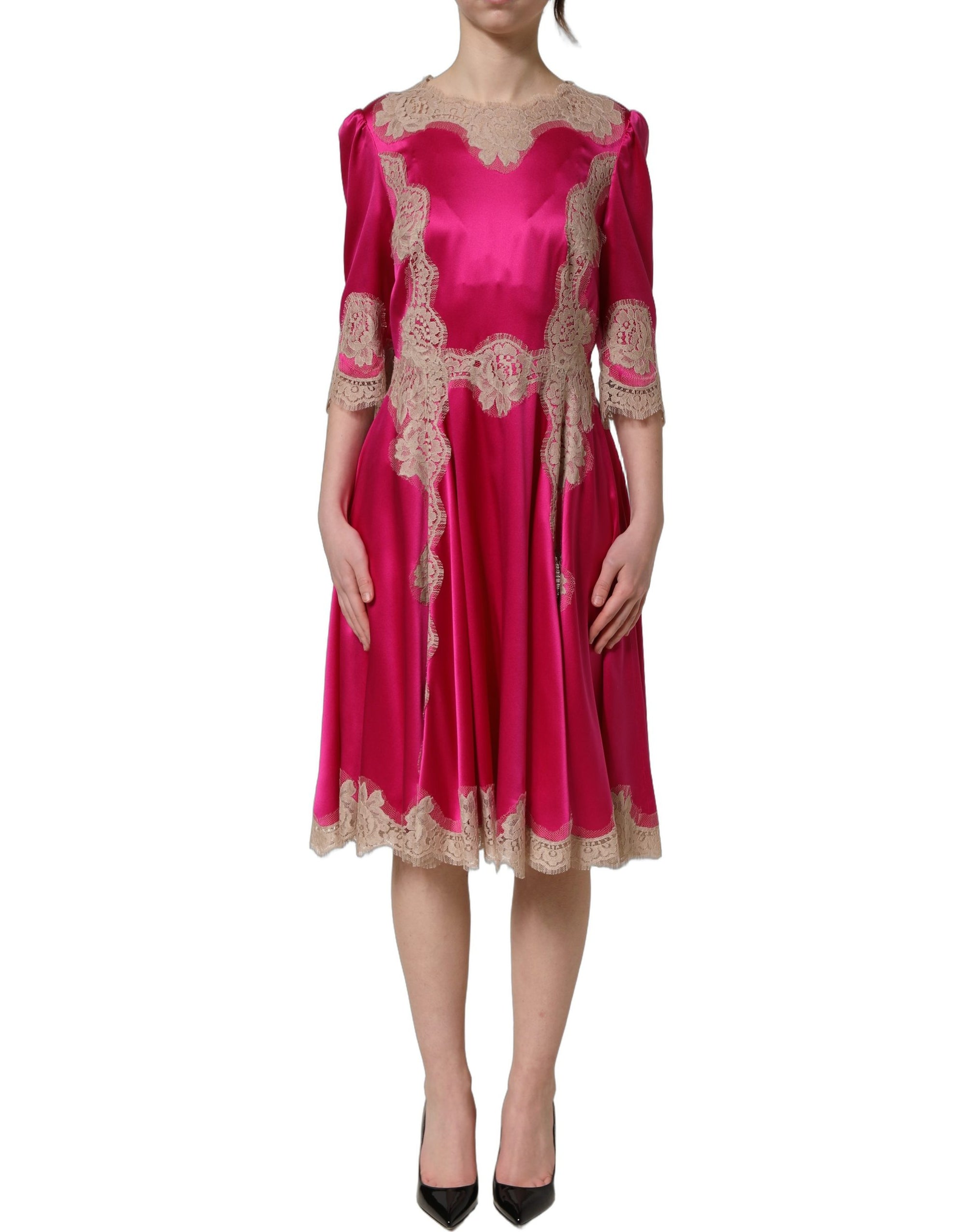 Dolce &amp; Gabbana Fuchsia Pink Lace Detail A-line Midi Dress
