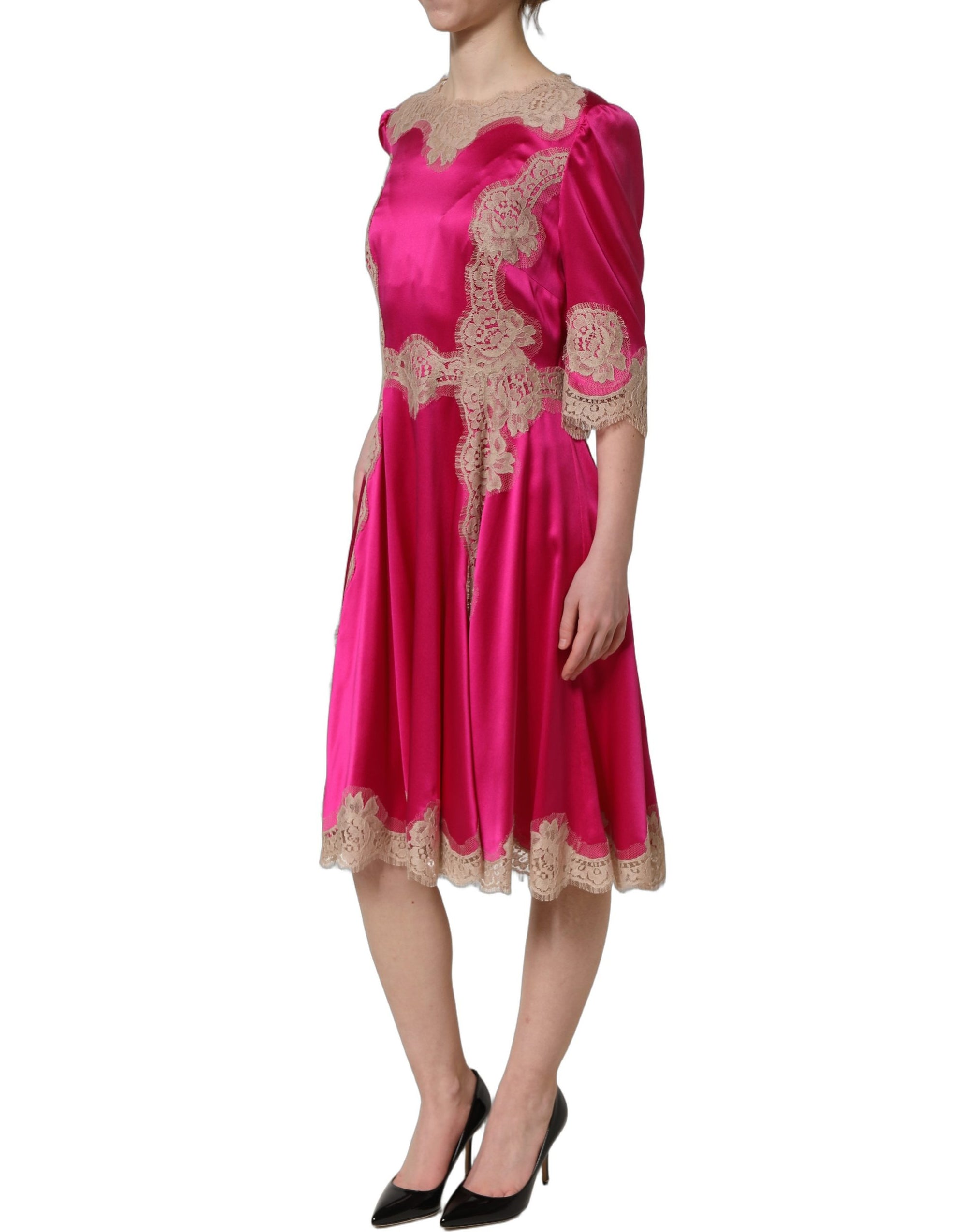 Dolce &amp; Gabbana Fuchsia Pink Lace Detail A-line Midi Dress