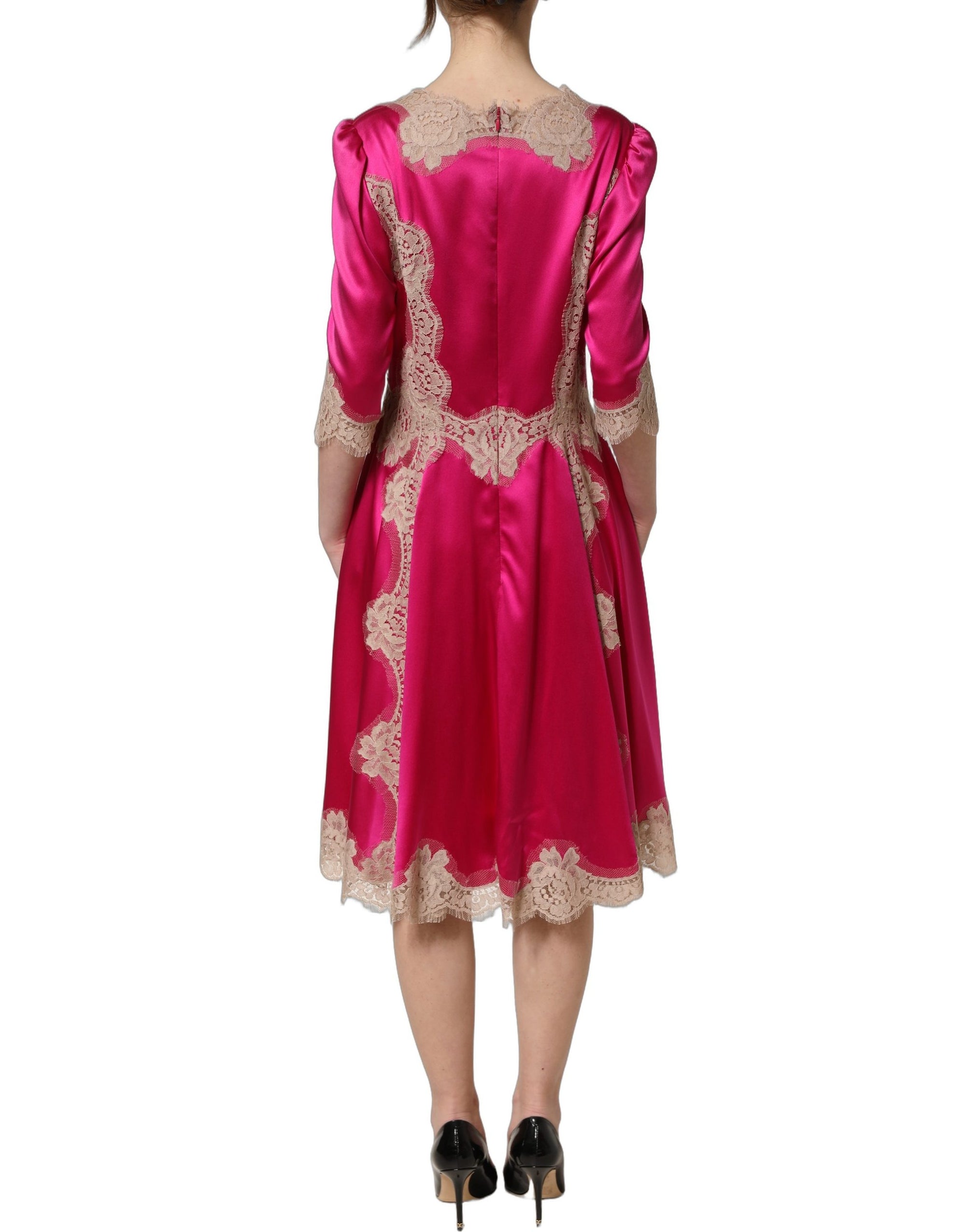 Dolce &amp; Gabbana Fuchsia Pink Lace Detail A-line Midi Dress