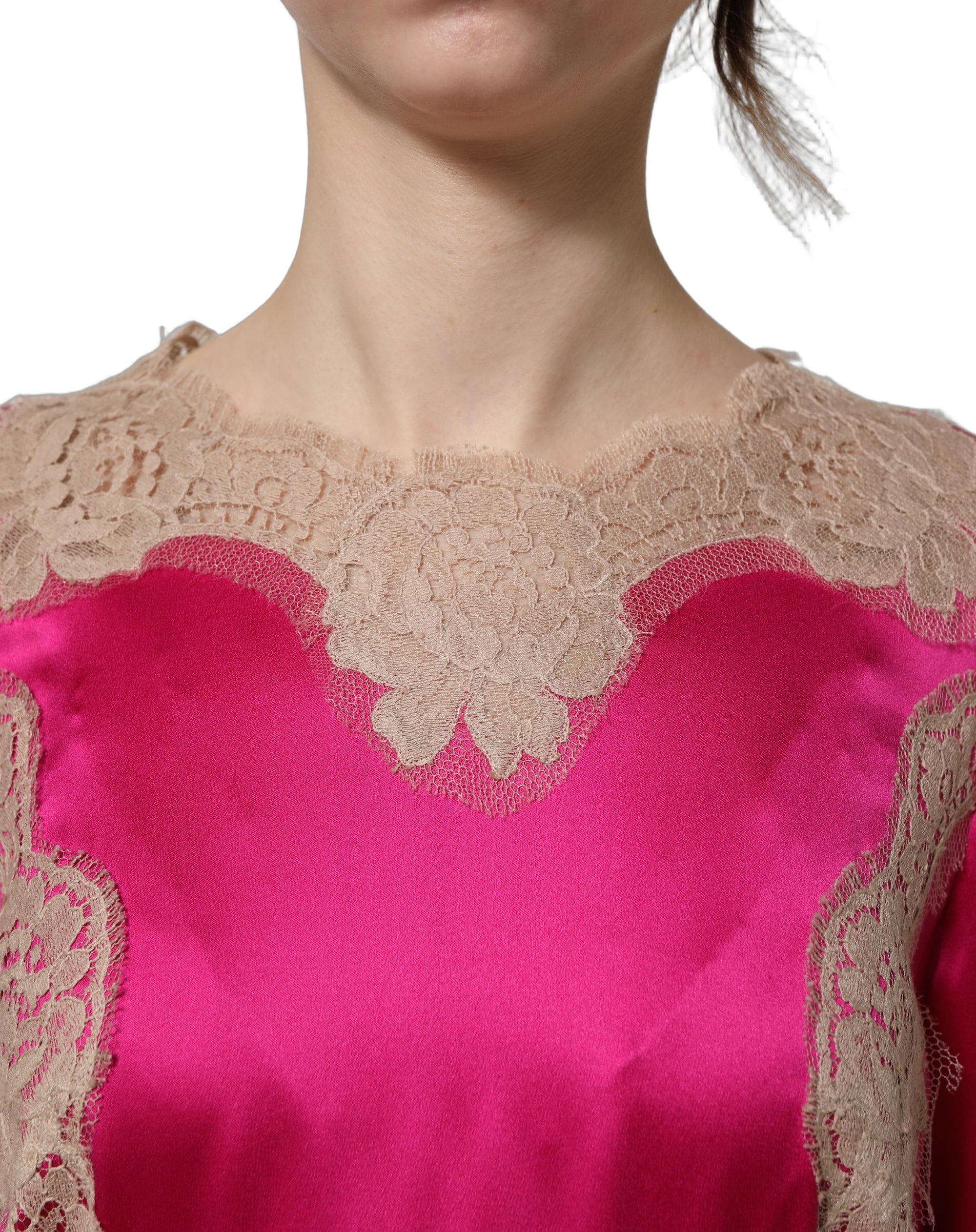 Dolce &amp; Gabbana Fuchsia Pink Lace Detail A-line Midi Dress