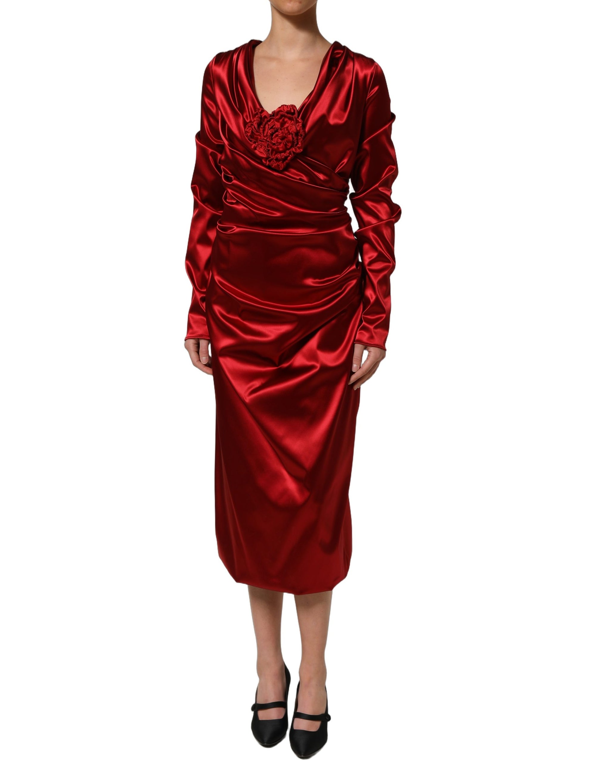 Dolce &amp; Gabbana Red Silk Satin Draped Midi Floral Applique Dress