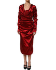 Dolce & Gabbana Red Silk Satin Draped Midi Floral Applique Dress