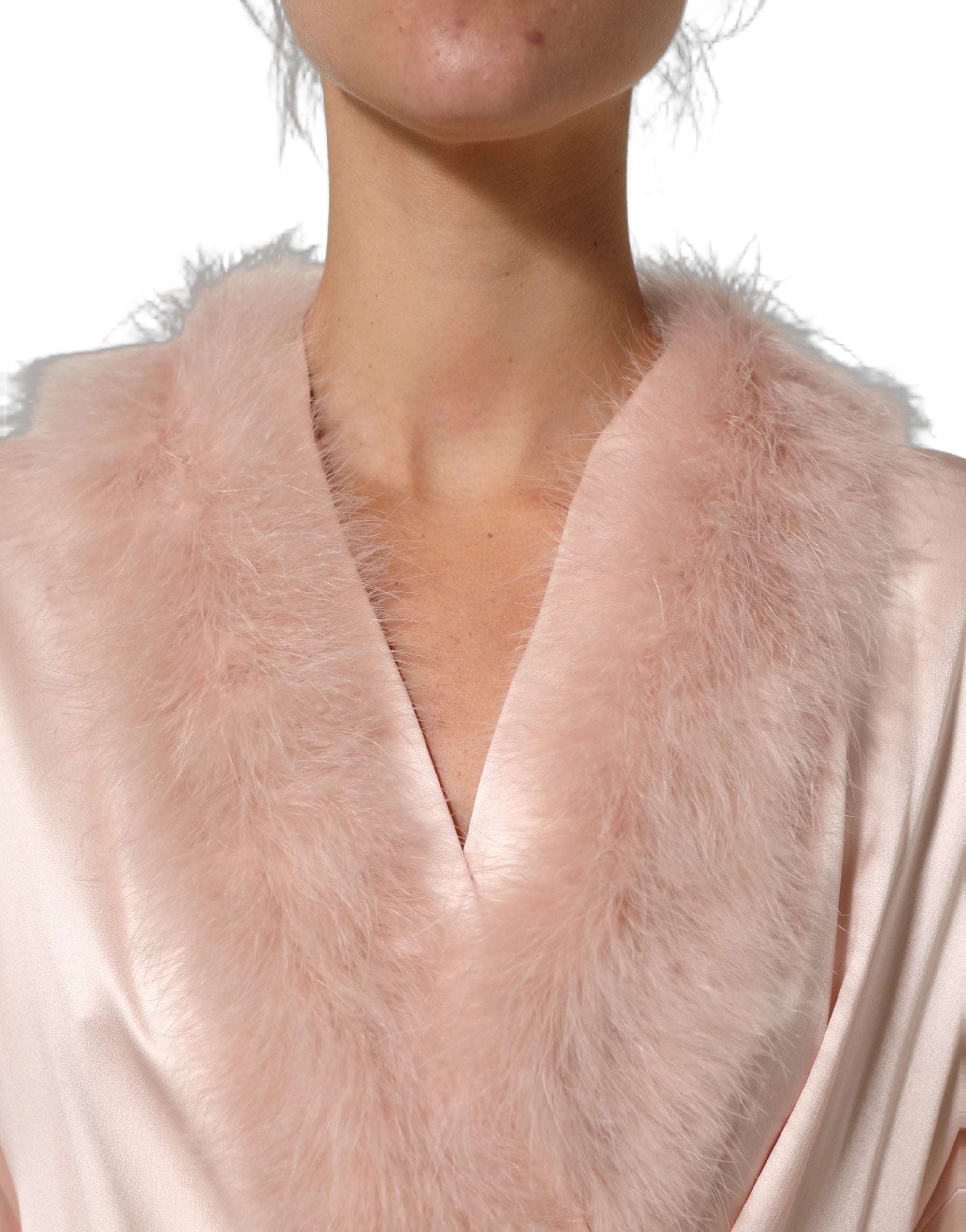 Dolce &amp; Gabbana Light Pink Silk Turkey Feather Wrap Midi Dress