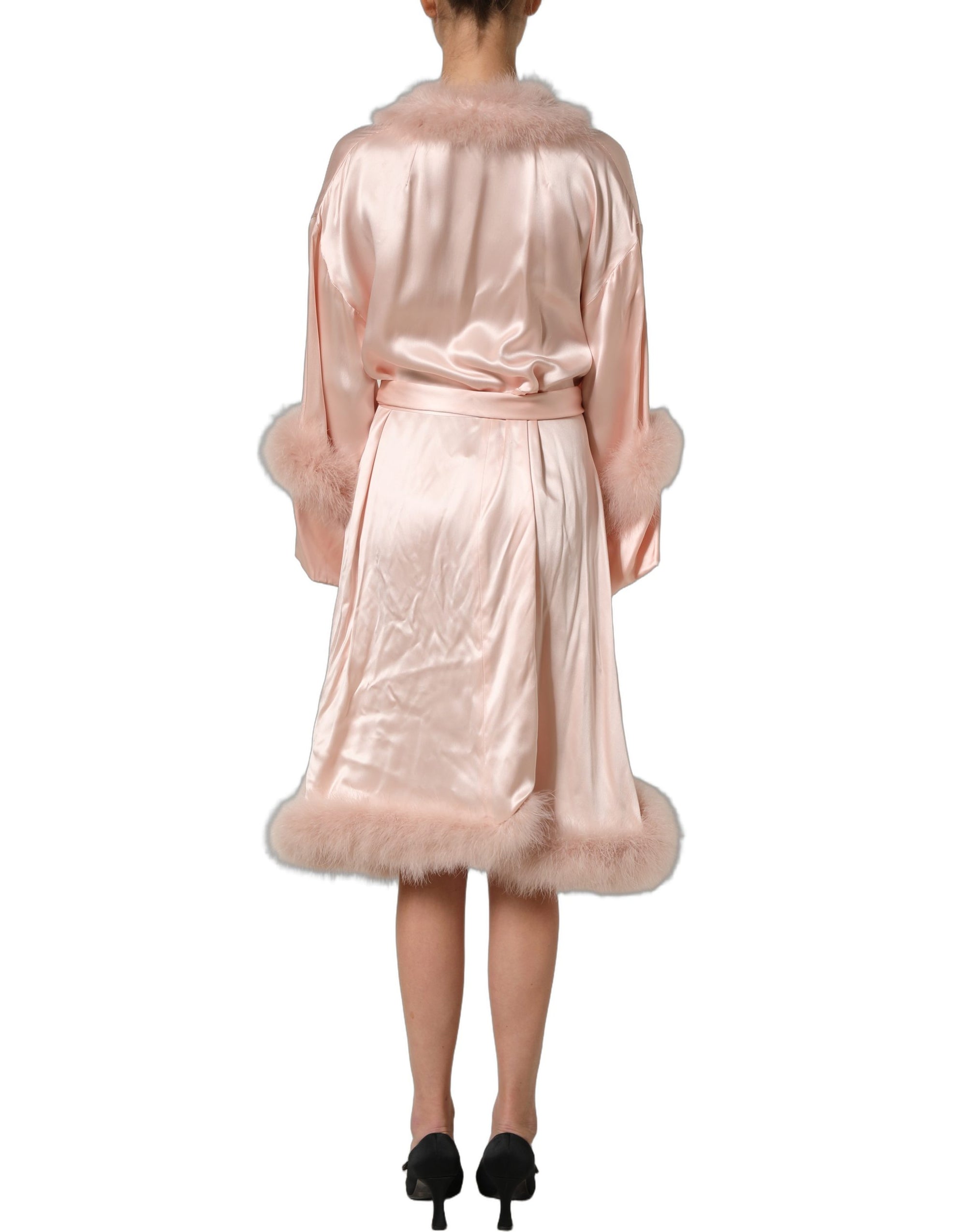 Dolce &amp; Gabbana Light Pink Silk Turkey Feather Wrap Midi Dress