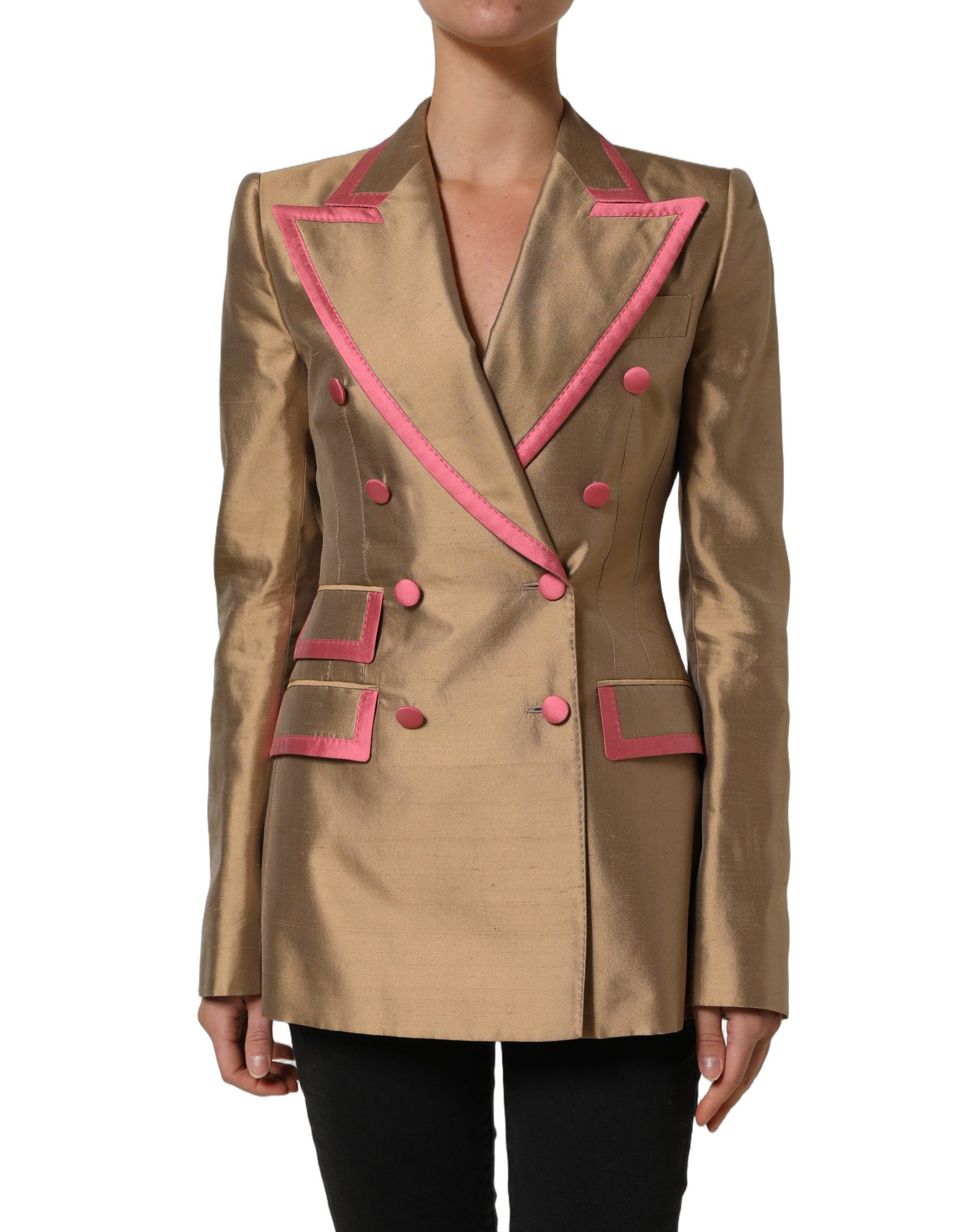 Dolce &amp; Gabbana Gold Silk Double Breasted Coat Blazer Jacket