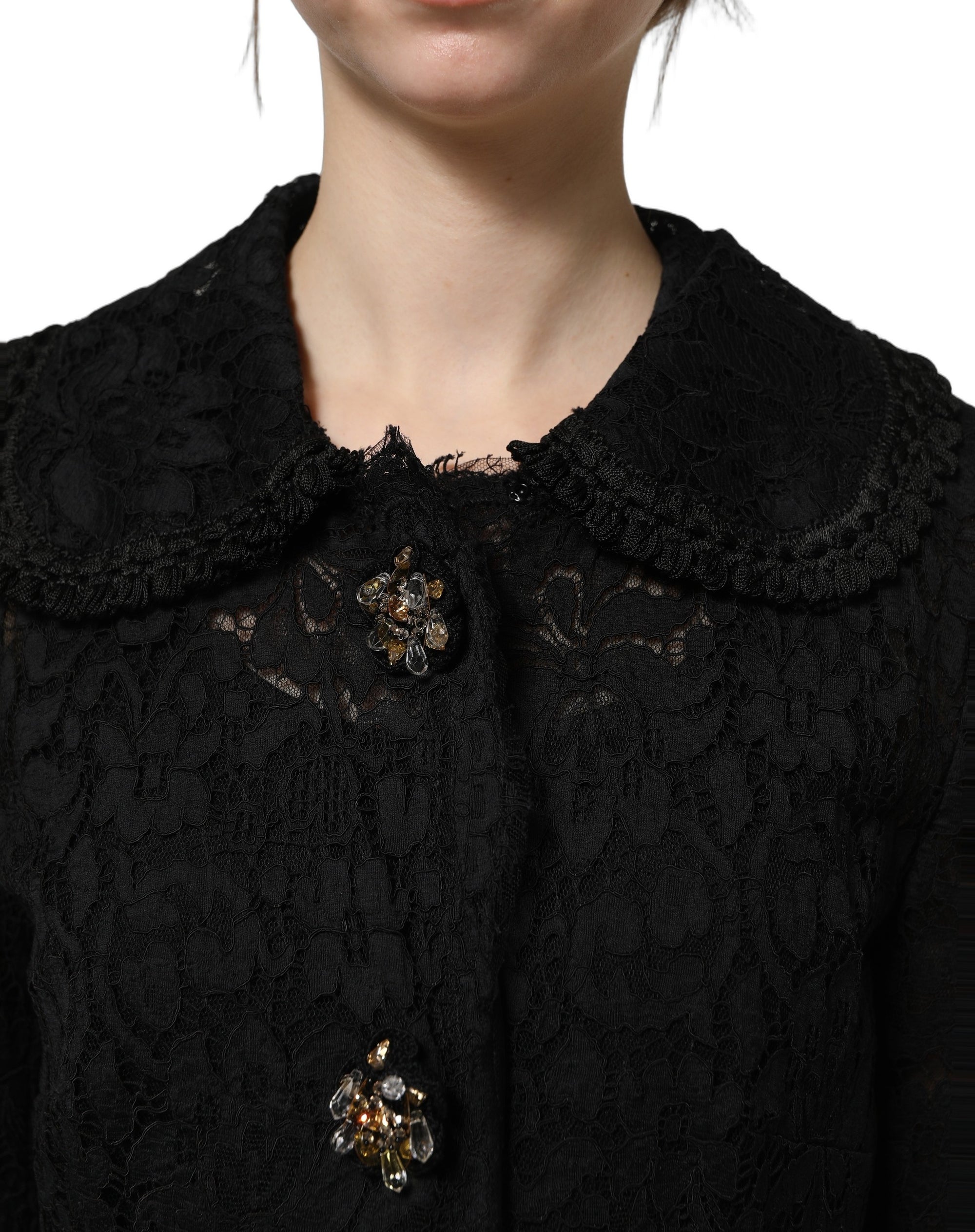 Dolce &amp; Gabbana Black Embellished Guipure Lace Coat Jacket