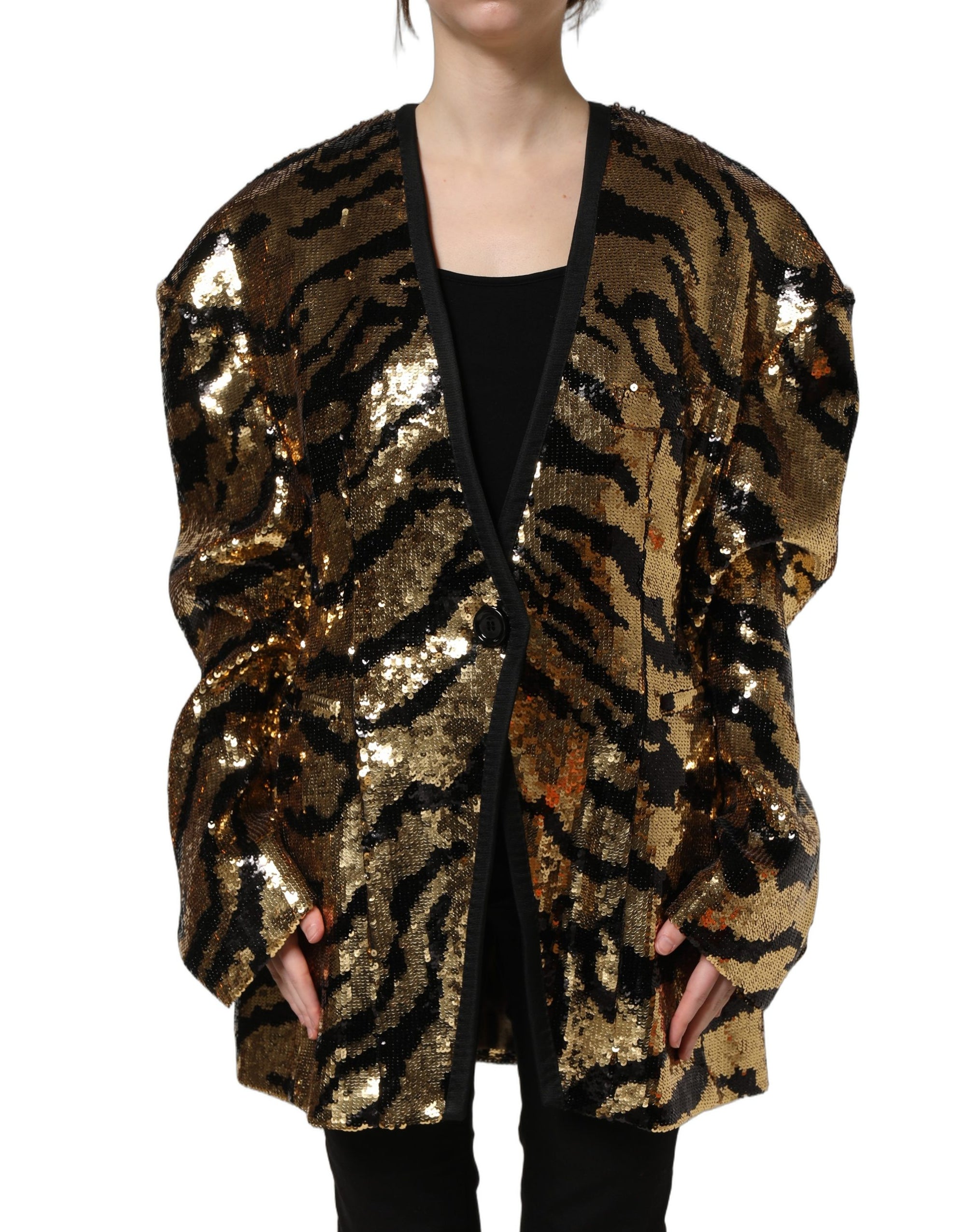 Dolce &amp; Gabbana Black Gold Sequin Tiger Stripe Blazer Jacket