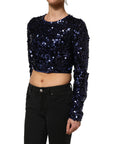 Dolce & Gabbana Blue Sequined Long Sleeves Crop Blouse Top