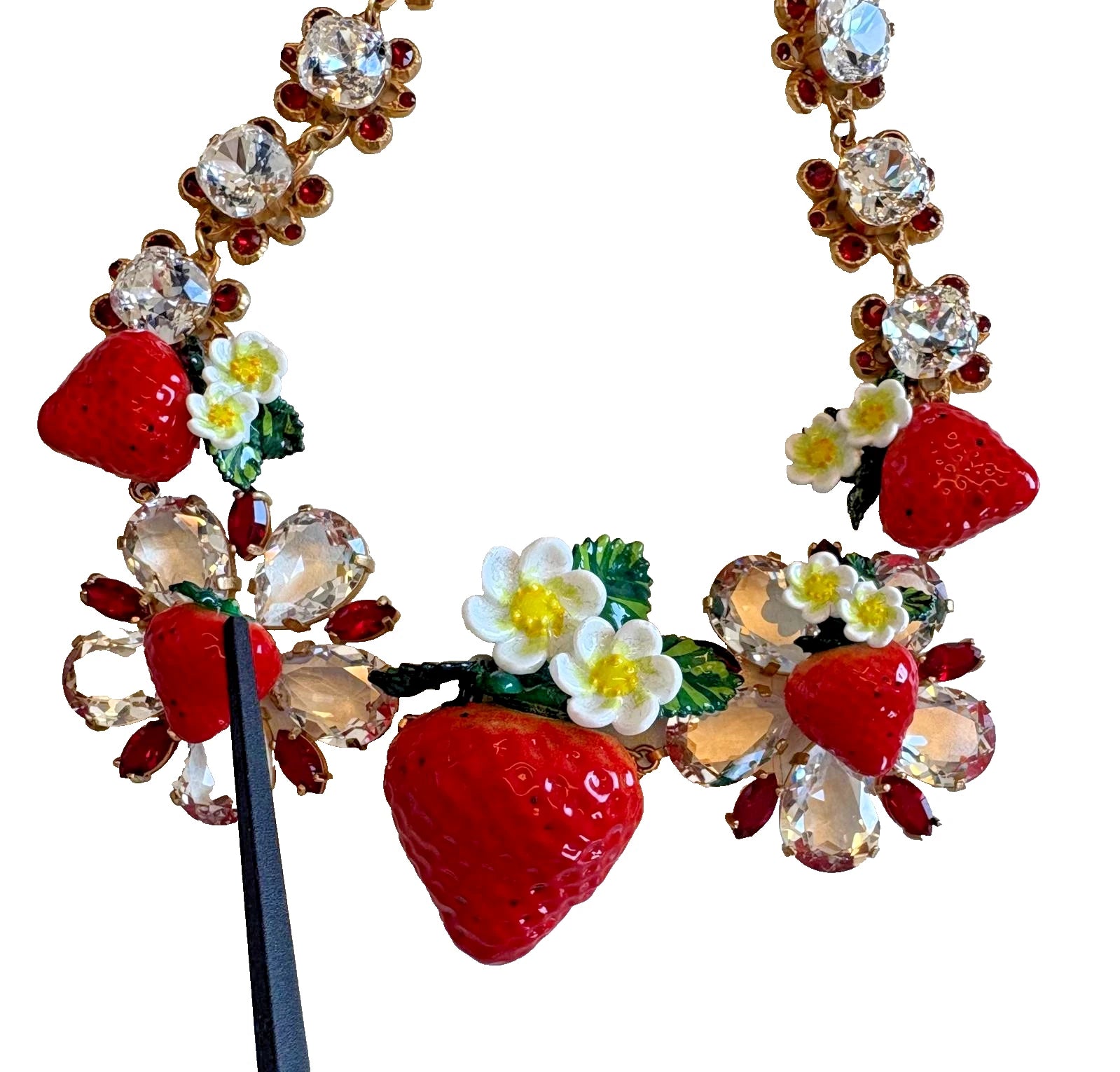 Dolce &amp; Gabbana Gold Brass FRUIT Pendants Flowers Crystal Logo Necklace