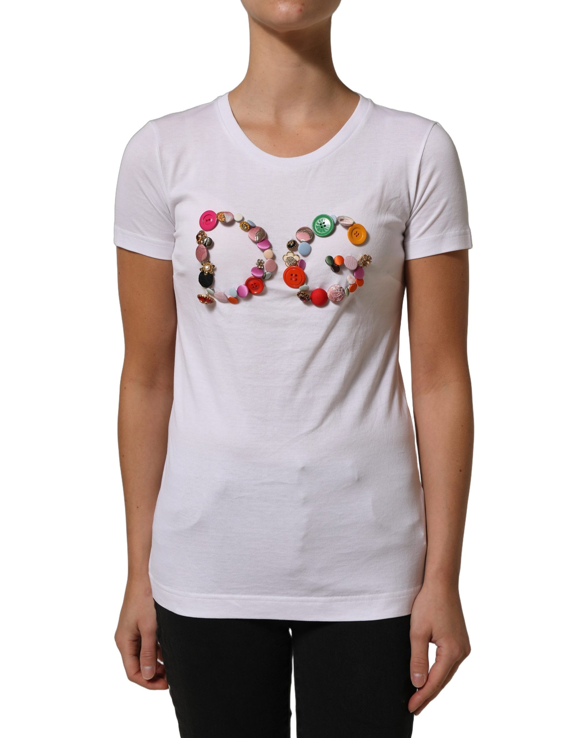 Dolce &amp; Gabbana White DG Logo Embellished Round Neck T-shirt
