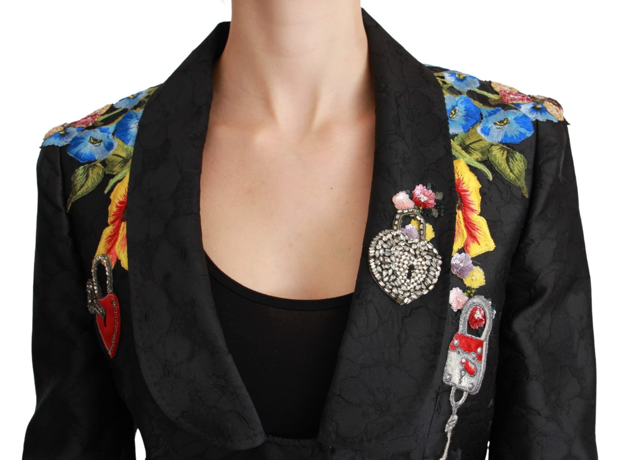 Dolce &amp; Gabbana Black Brocade Crystal Blazer Jacket