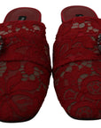 Dolce & Gabbana Red Lace Crystal Slide On Flats Shoes