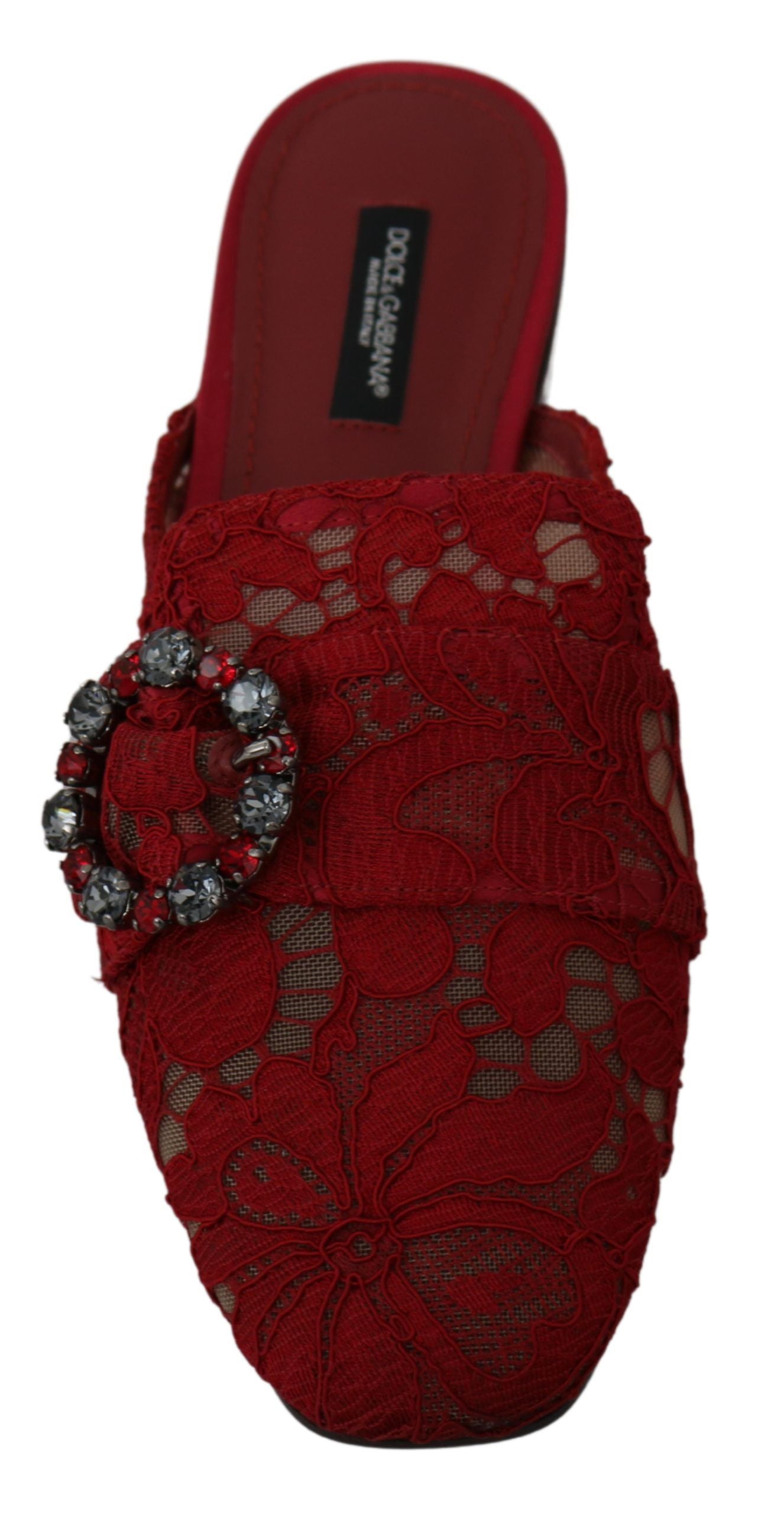 Dolce &amp; Gabbana Red Lace Crystal Slide On Flats Shoes